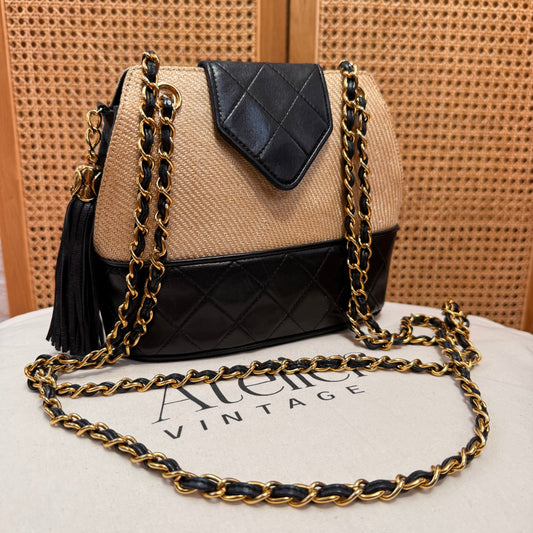 Chanel 1989 Rare Raffia & Leather Tassel Two Way Bag
