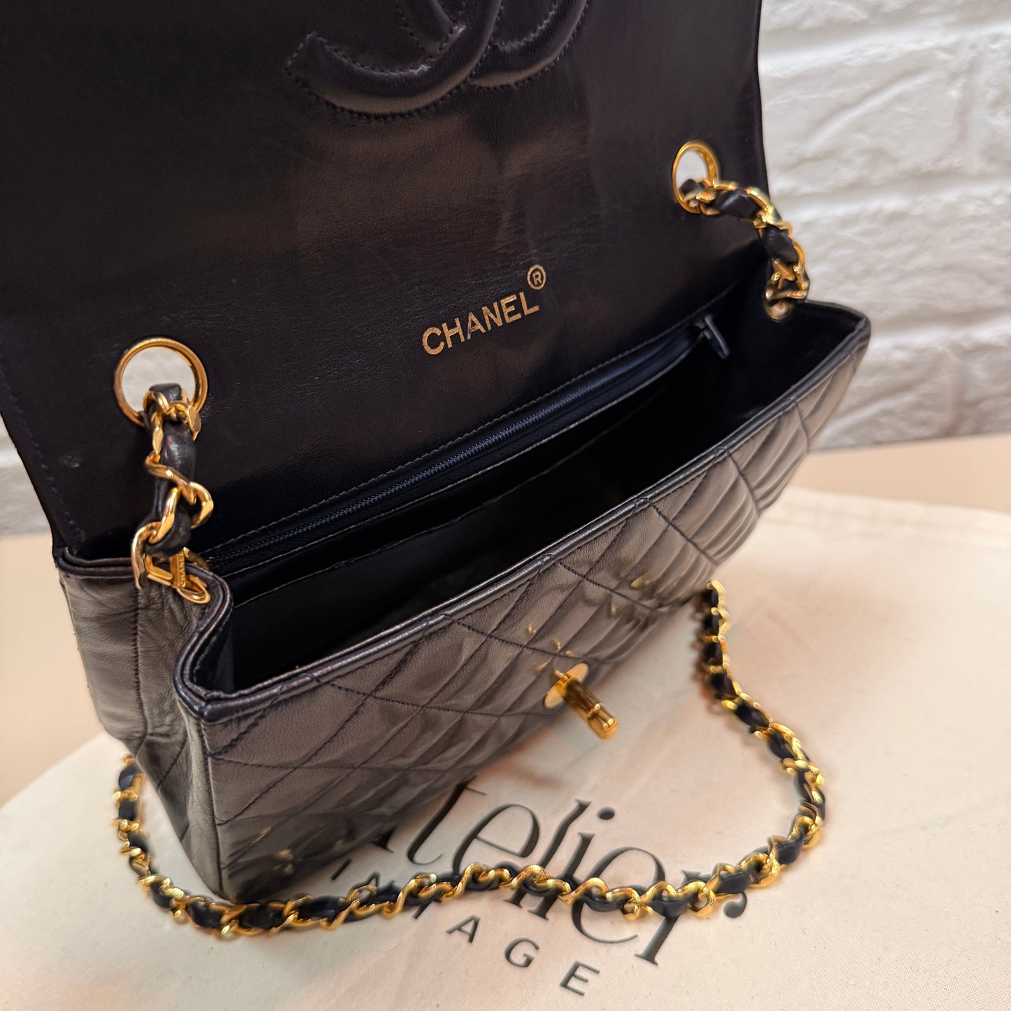 Chanel 1986 Rare Navy Lambskin Half Moon Single Flap with 24k Gold Hardware