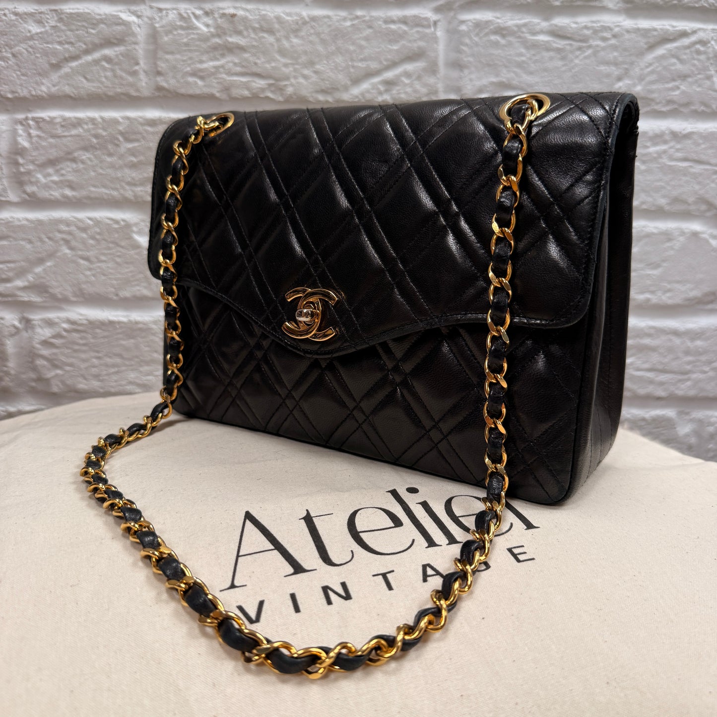 Chanel Early 1980s Rare Chanel Double Diamond Quilted Two Way Single Flap in black