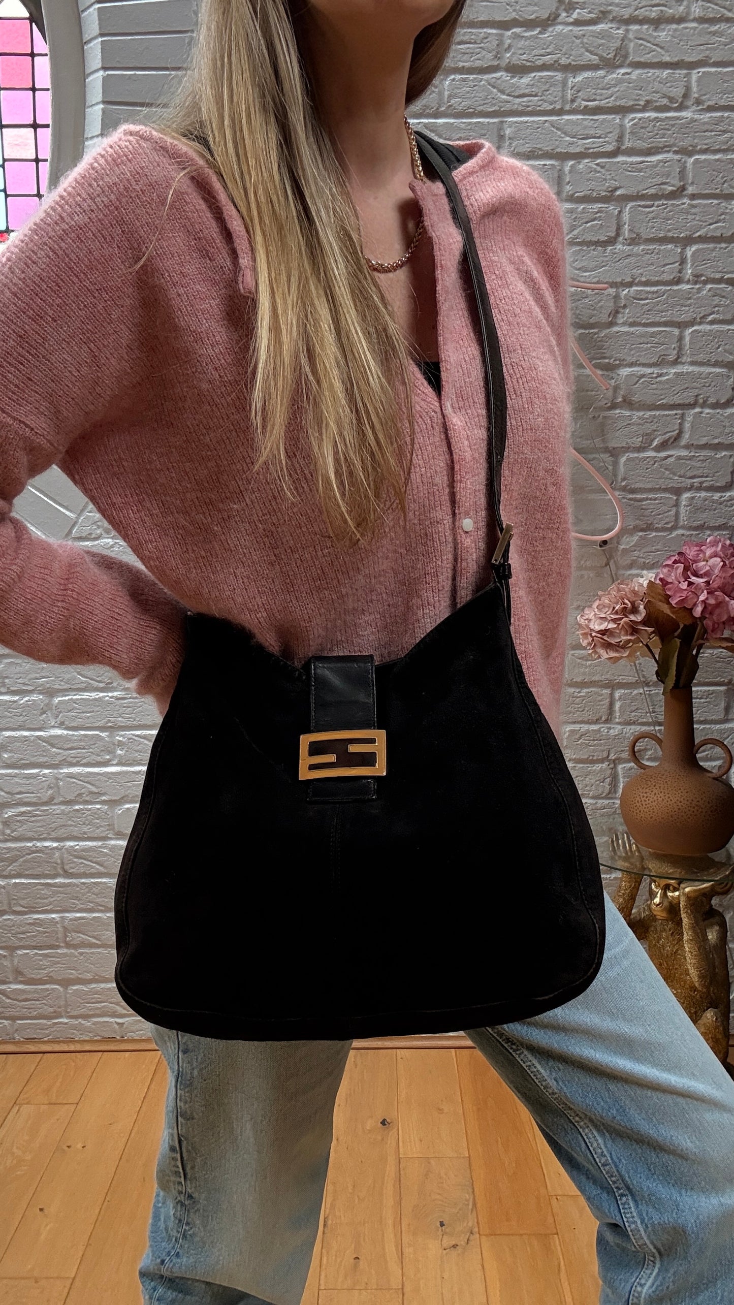 Fendi Rare Fendi Baguette Cross Body Tote in black suede with limited edition enamel closure