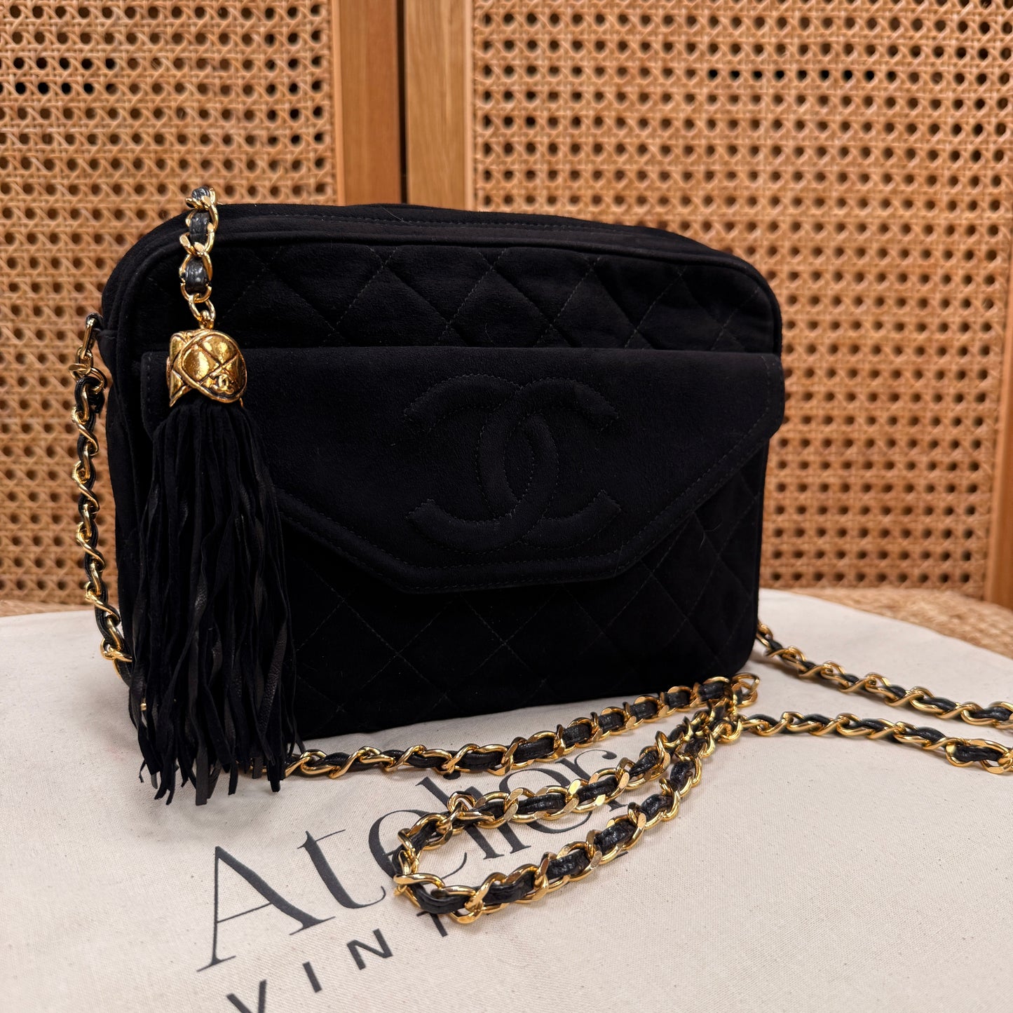 Chanel 1989 Rare Black Suede Front Flap Camera Bag
