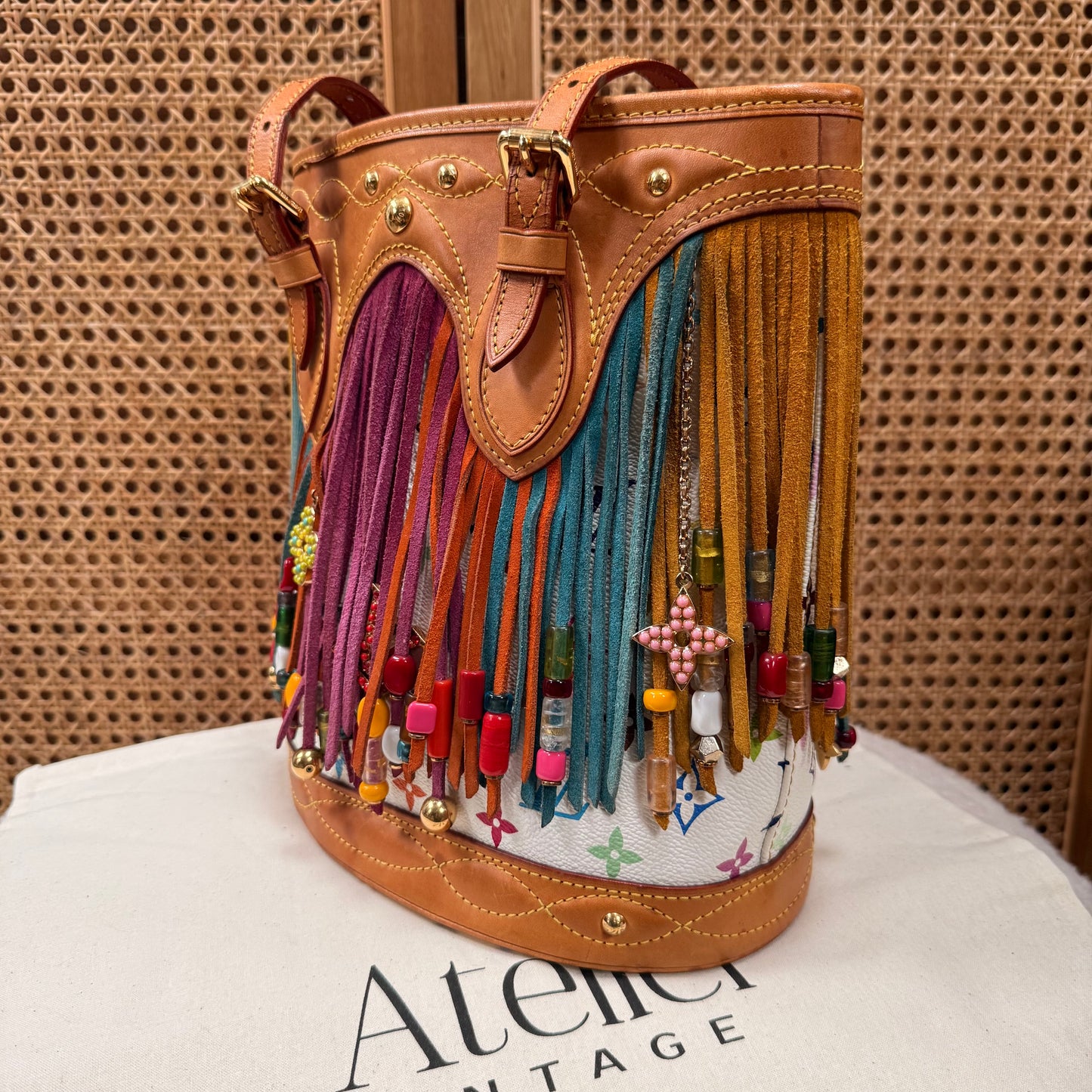 Louis Vuitton 2006 ULTRA RARE Murakami Suede and Beaded Fringe Bucket Bag