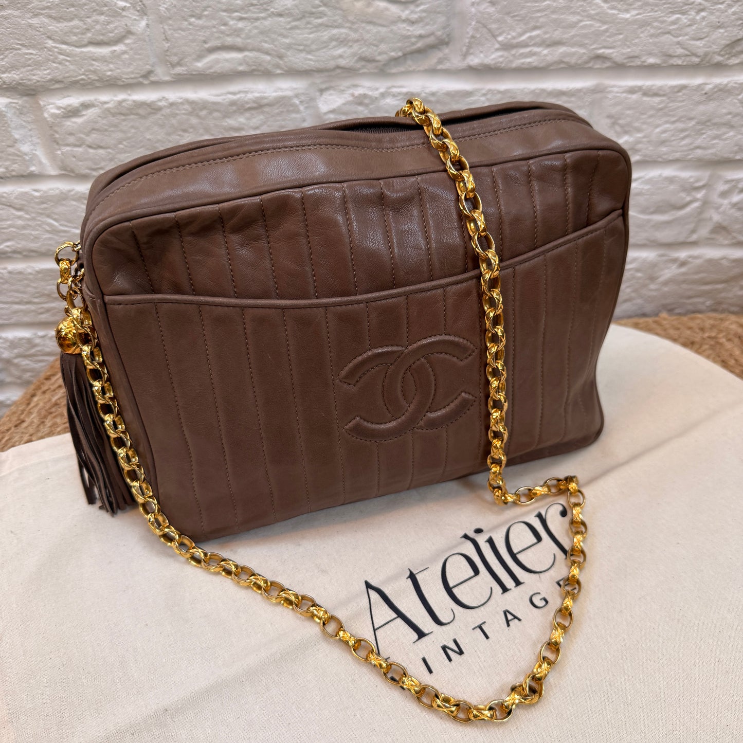 Chanel Rare 1980s Mademoiselle Camera Bag with Bijoux chain in Taupe