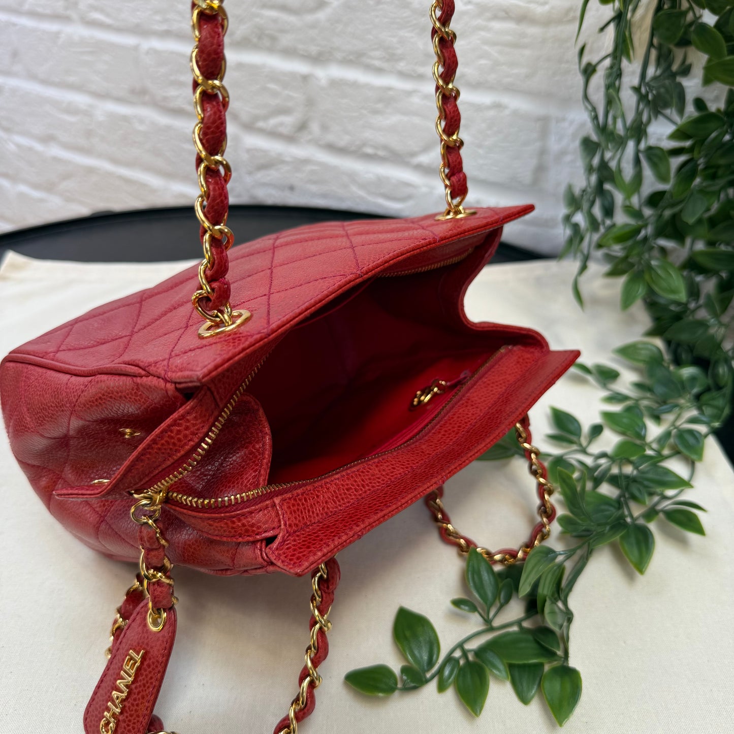 Chanel 1989 Chanel Red Caviar CC Quilted Shoulder Bag