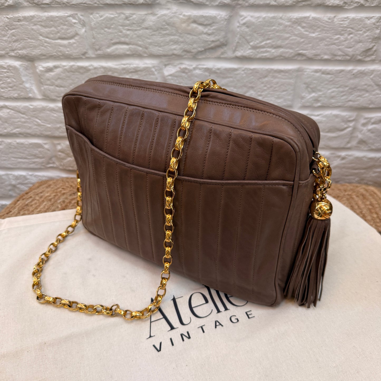 Chanel Rare 1980s Mademoiselle Camera Bag with Bijoux chain in Taupe