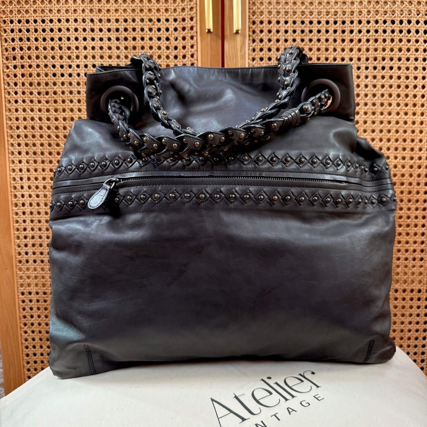 Bottega Veneta 1990s Black Leather Studded Two Way Tote