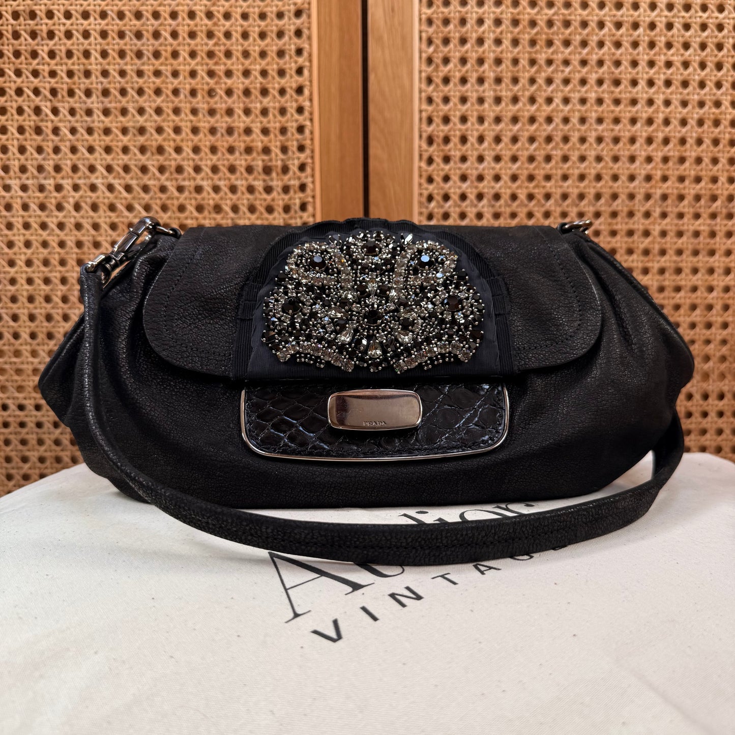 Prada 2002 Black & Embellished Jewel Two Way Shoulder Bag