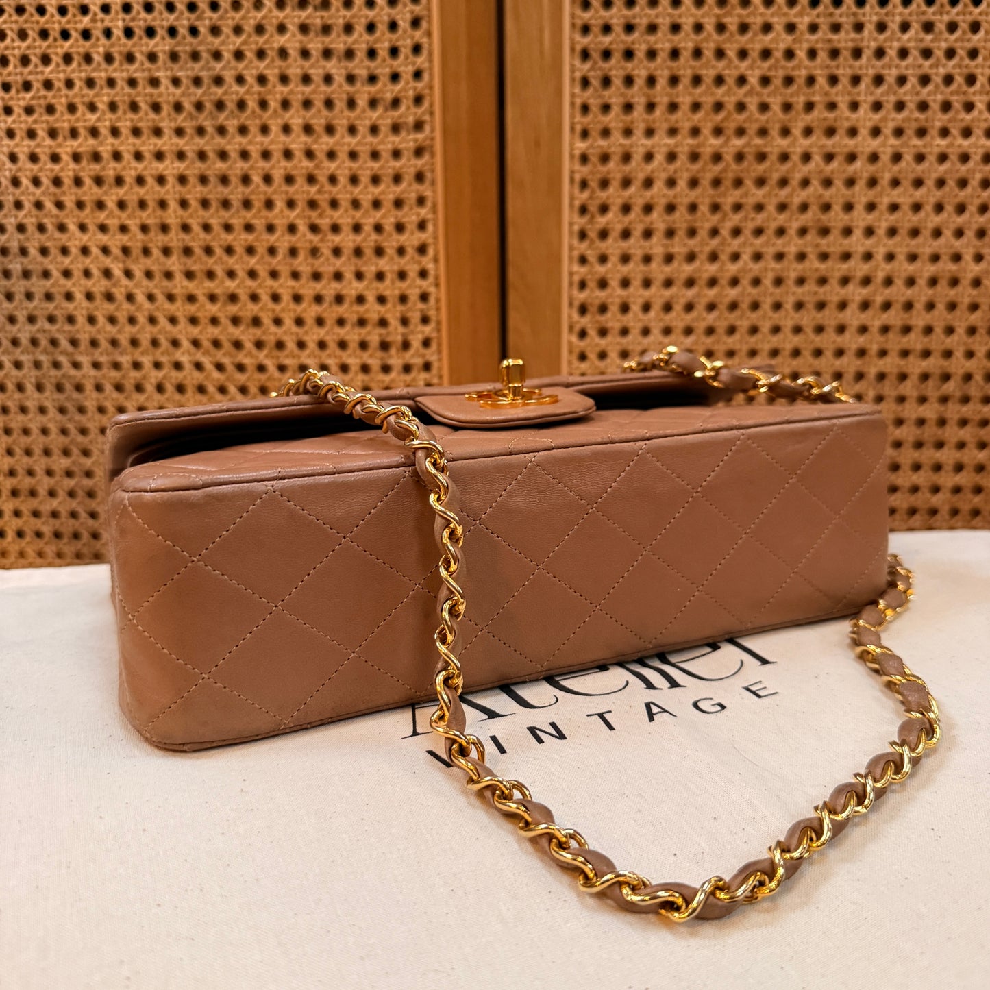 Chanel 1989 Rare Tan Lambskin Leather Classic Double Flap in Medium with 24k Gold Hardware