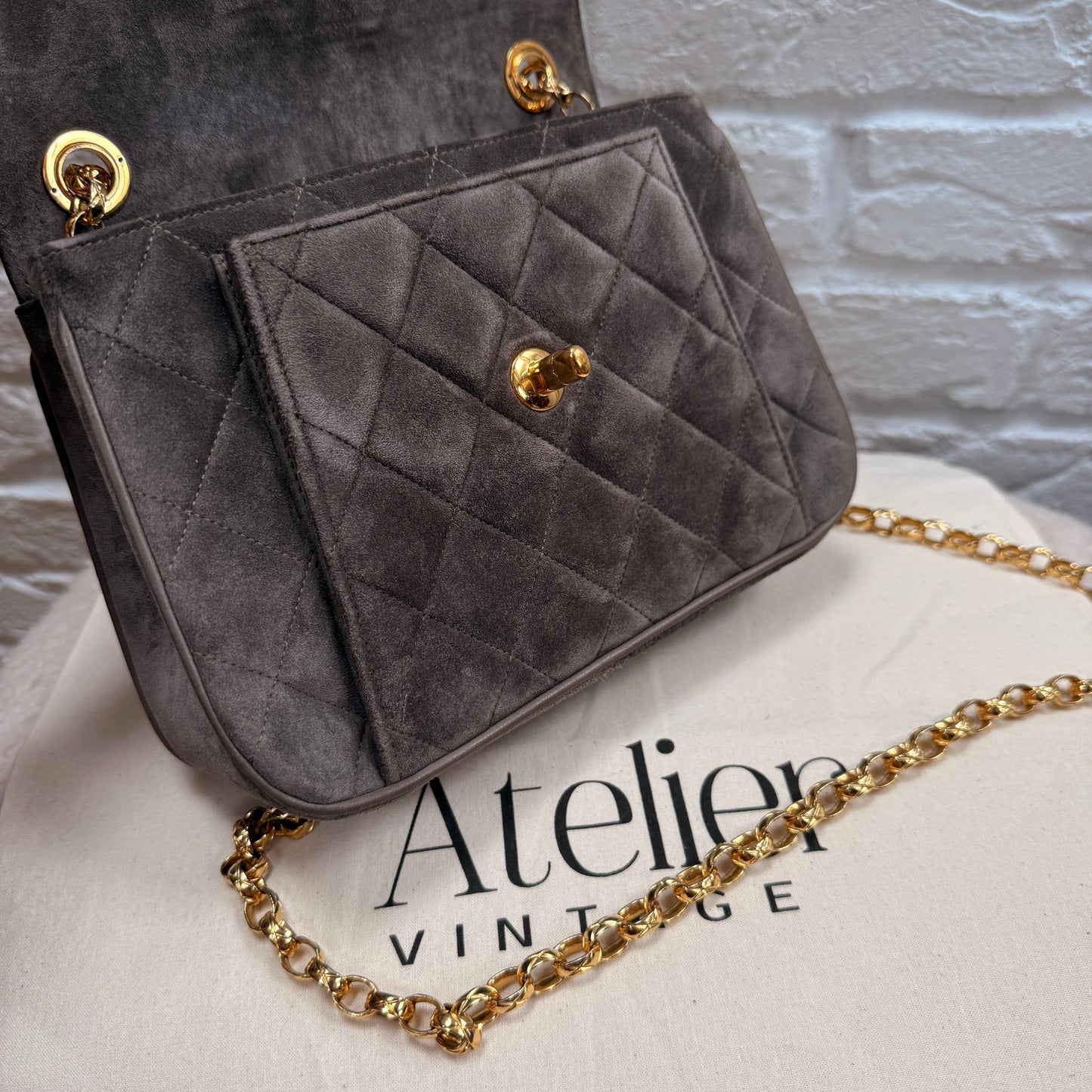 Chanel 1980s Ultra Rare Chanel Limited Edition Bijoux Chain in Taupe Suede and 24k Hold Hardware