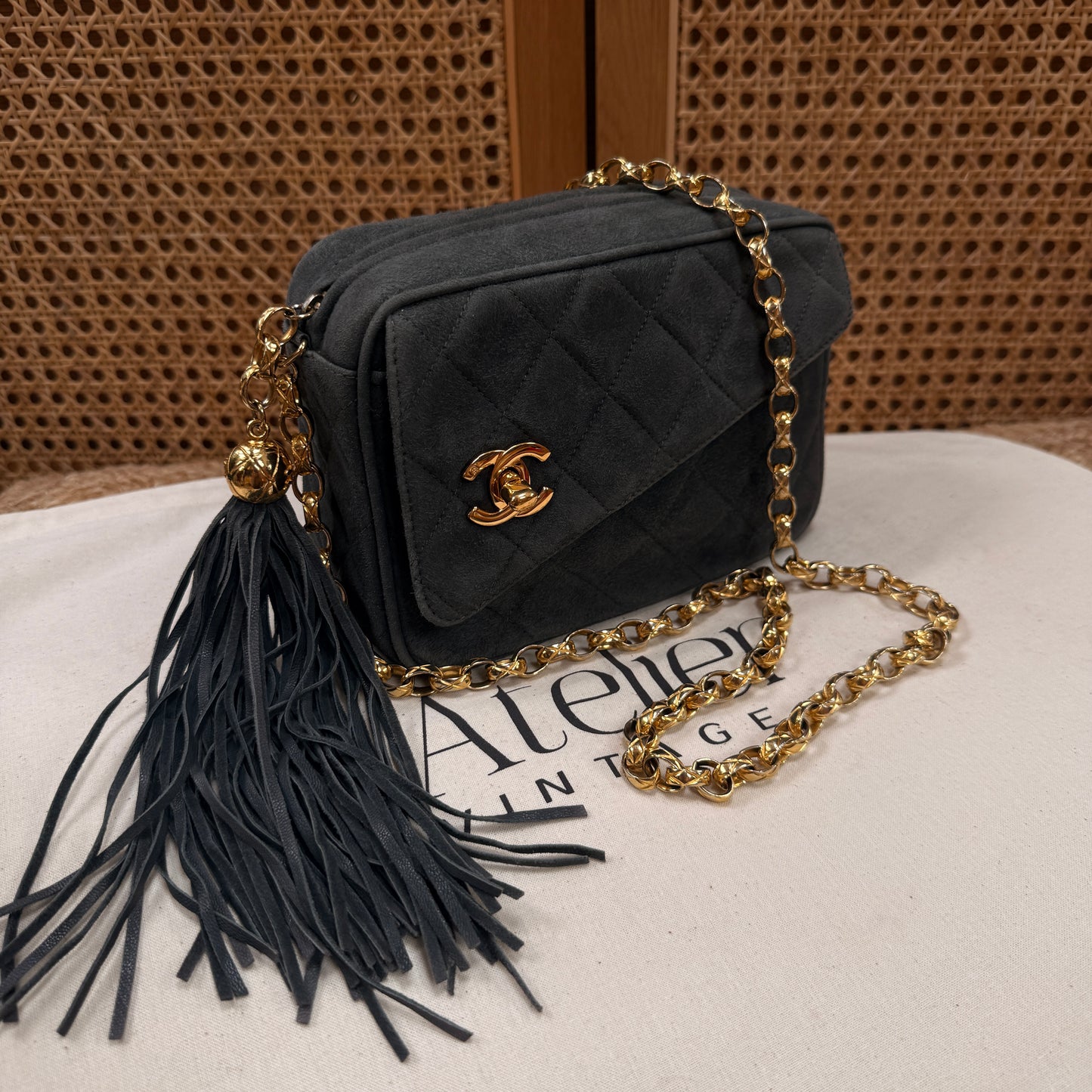 Chanel 1994 rare camera bag with bijoux chain in slate grey suede