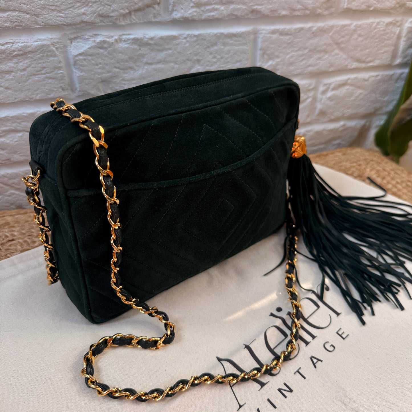 Chanel 1991 Green Suede Camera bag with 24k gold hardware