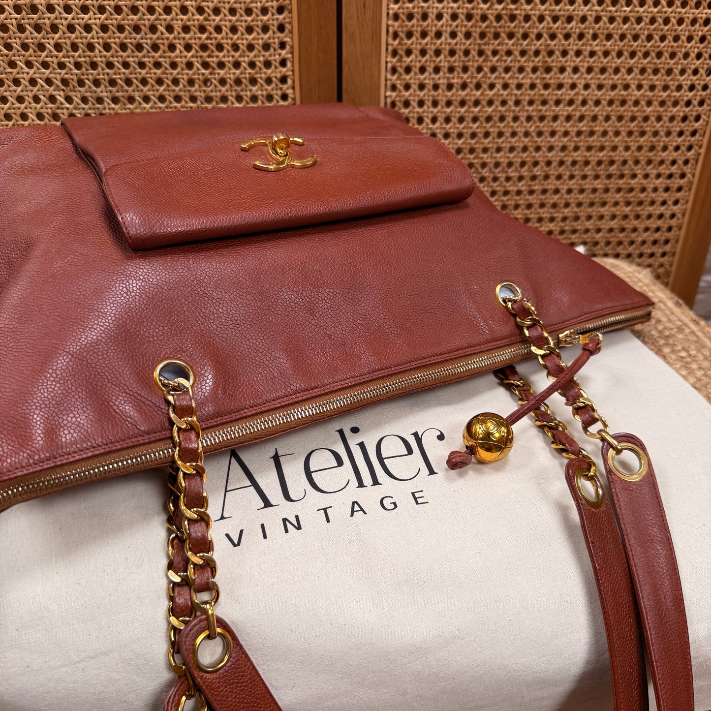 Chanel 1991 Rare Cognac Caviar leather tote with Turnlock front compartment