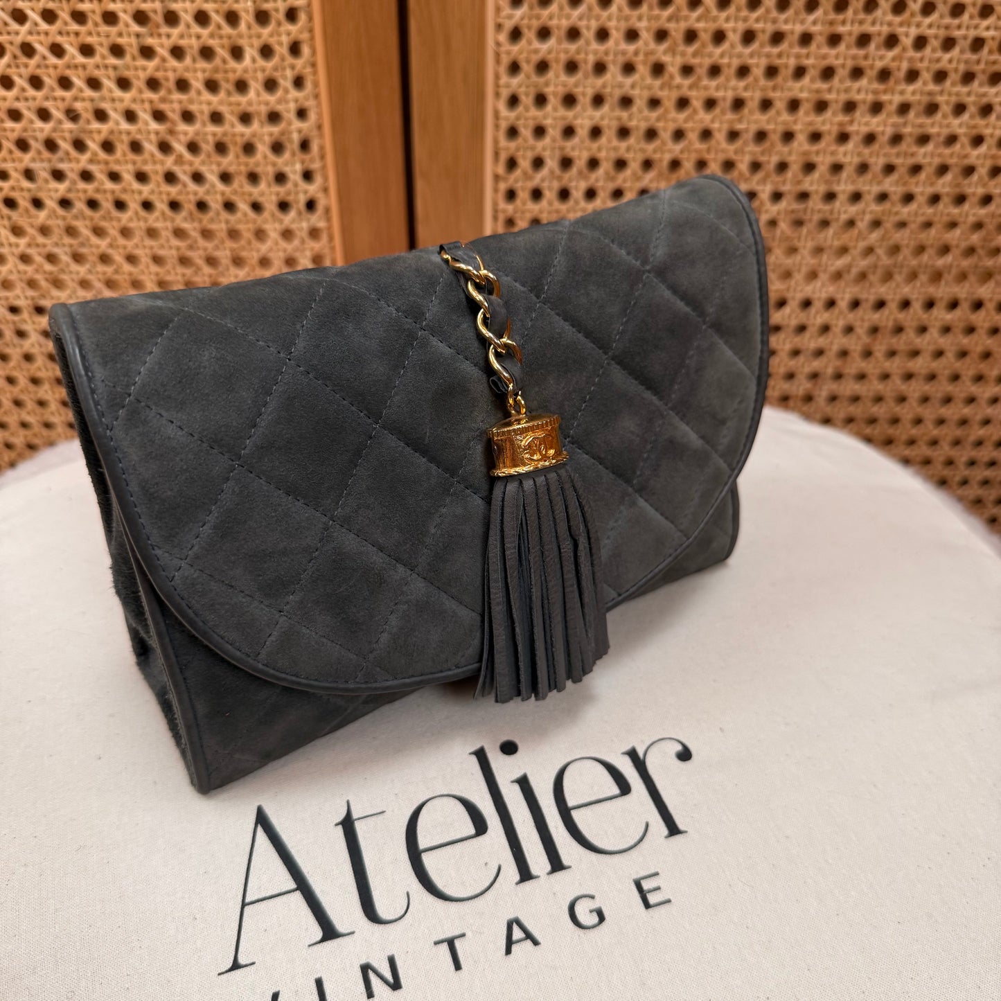 Chanel 1986 Grey Suede Tassel Clutch