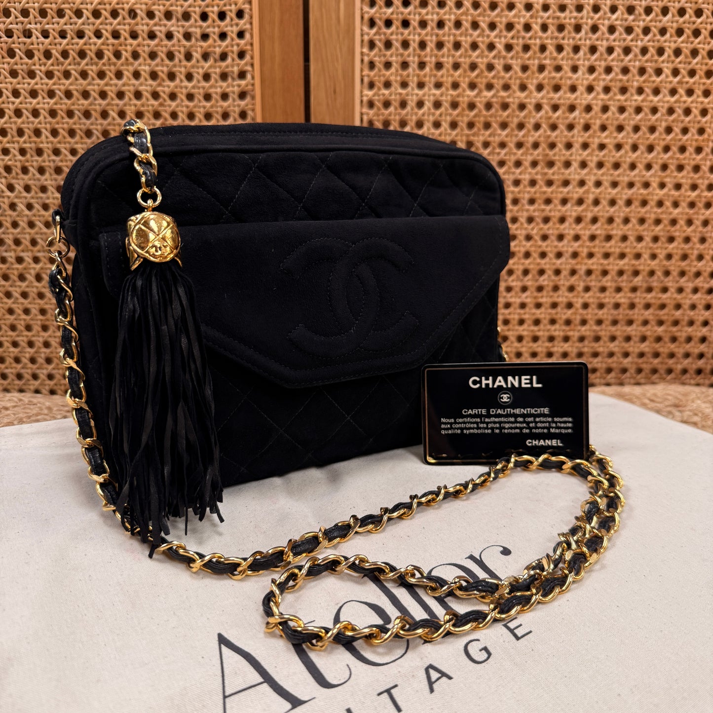 Chanel 1989 Rare Black Suede Front Flap Camera Bag
