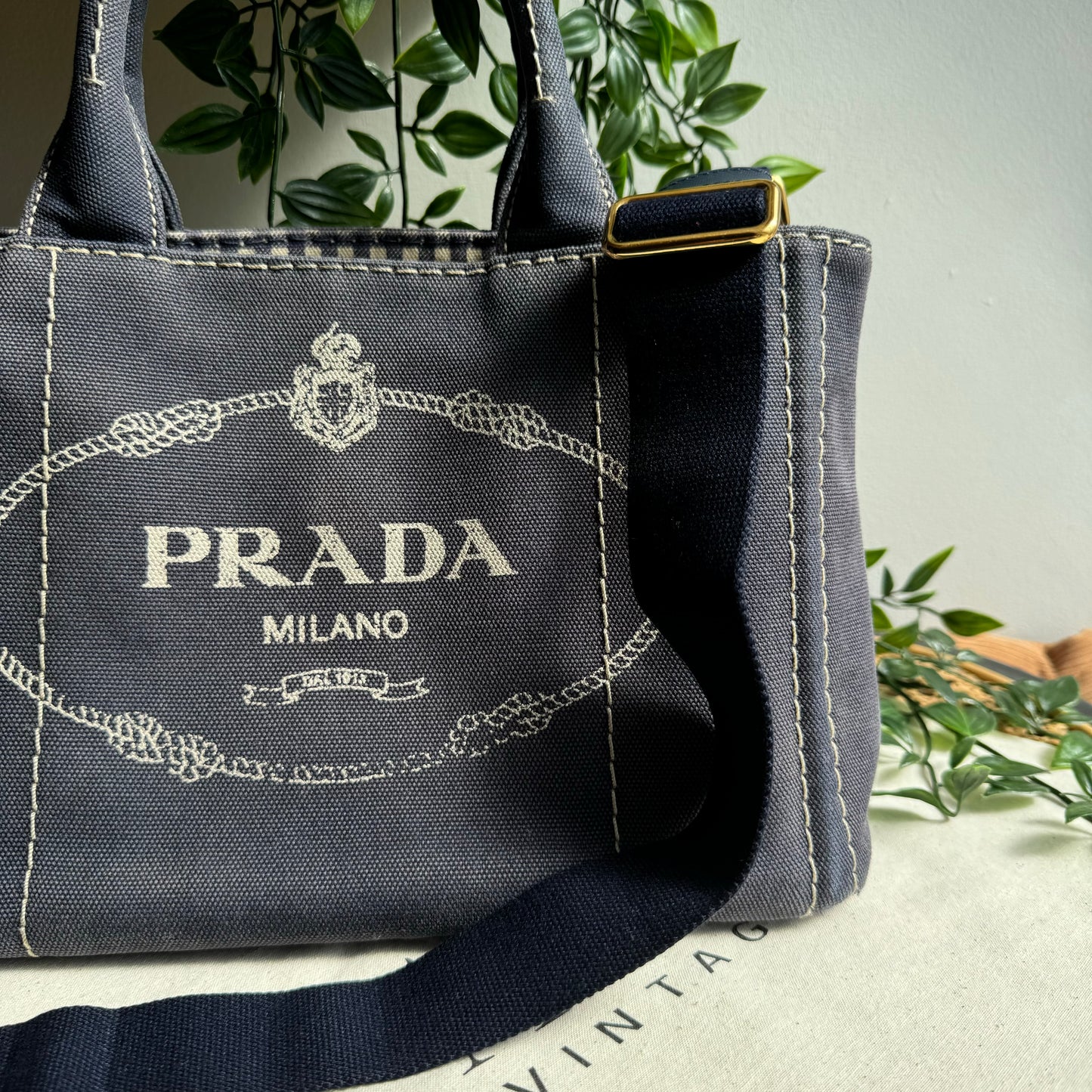 Prada Canapa Denim Blue Canvas Two Way Tote