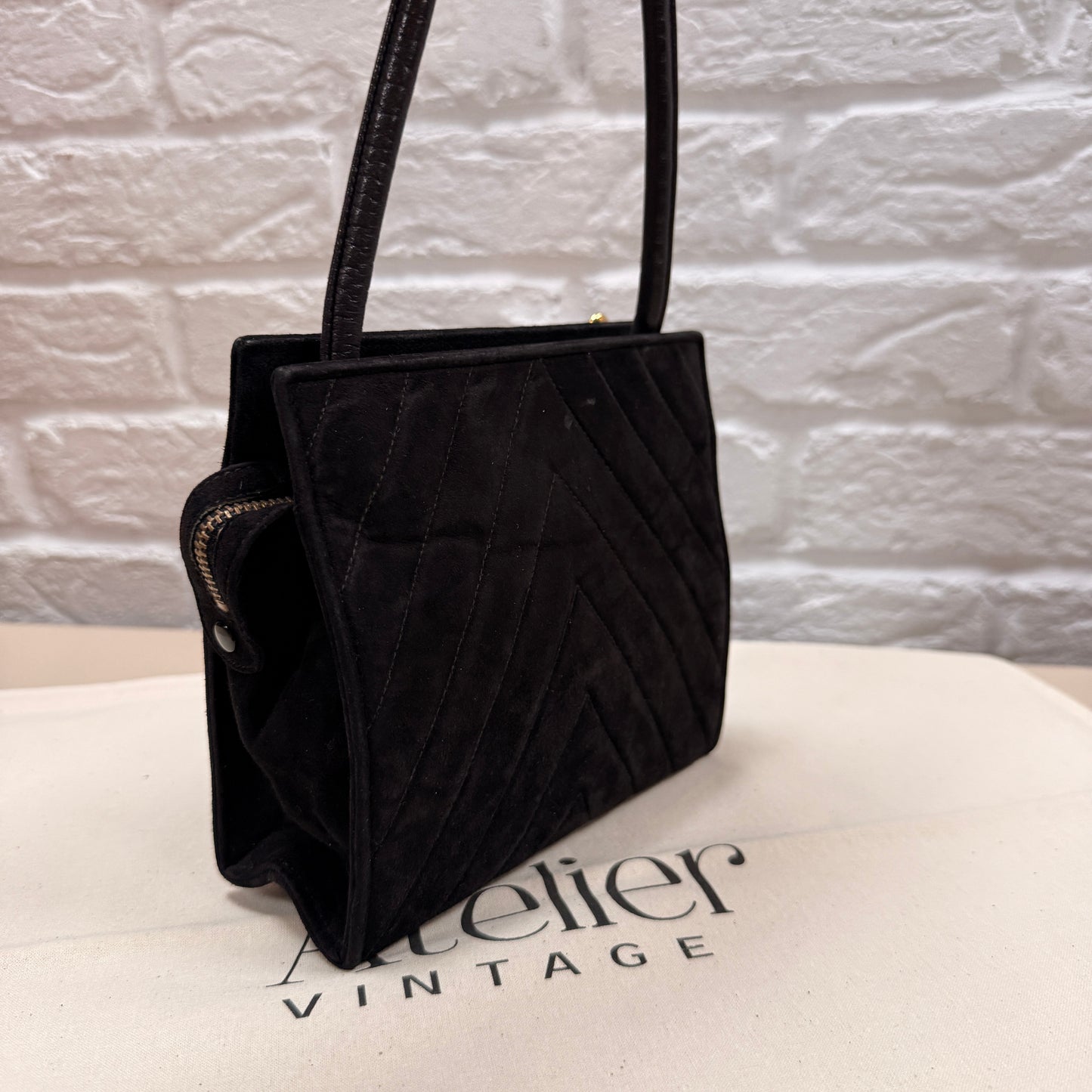 Chanel 1989 Chanel Black Suede & Leather Cross body with rare Gripoix Stone and CC charm Zip Pull