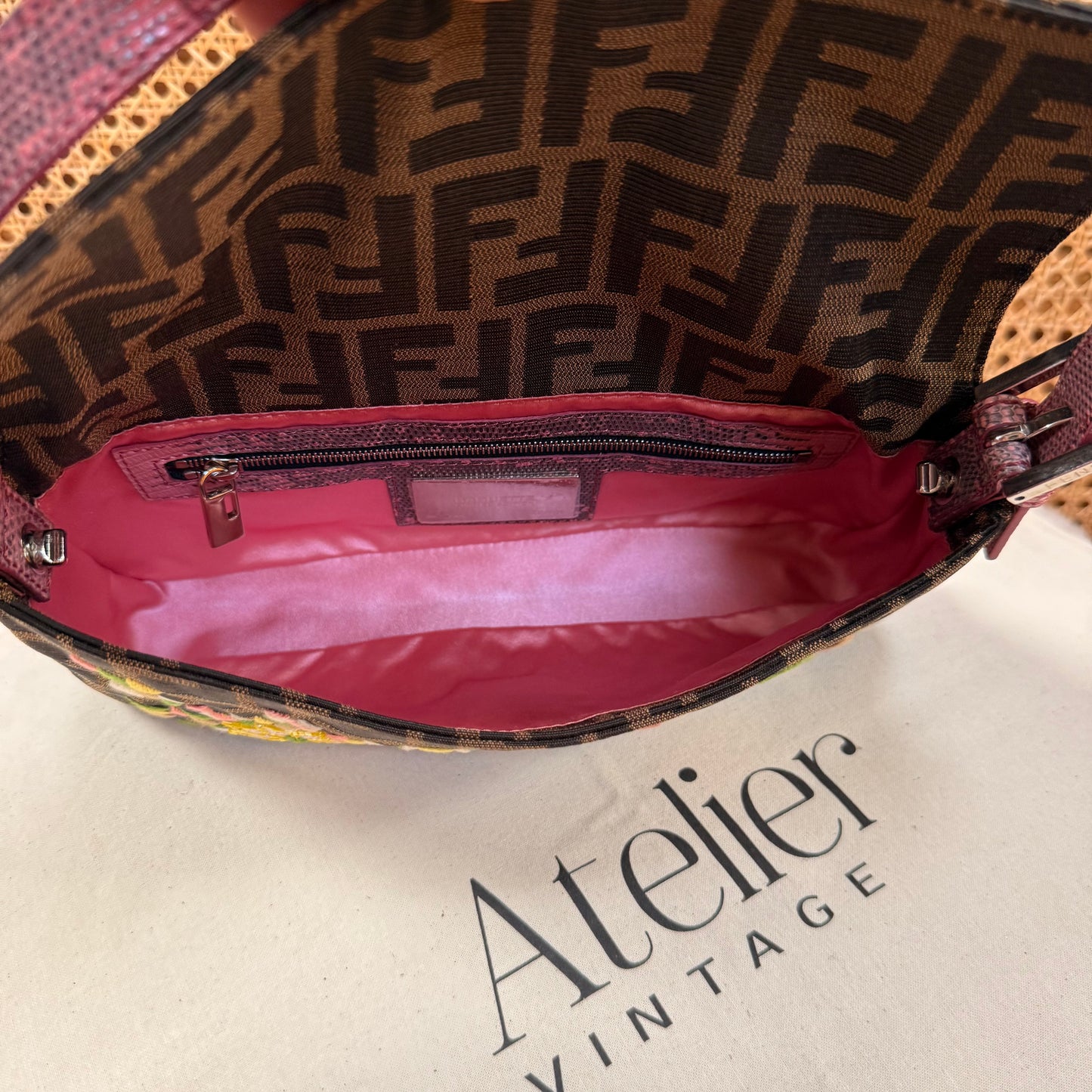 Fendi 2004 Rare Baguette Embroidered Zucca Print - Limited Edition glass bead and embroidered with exotic leather
