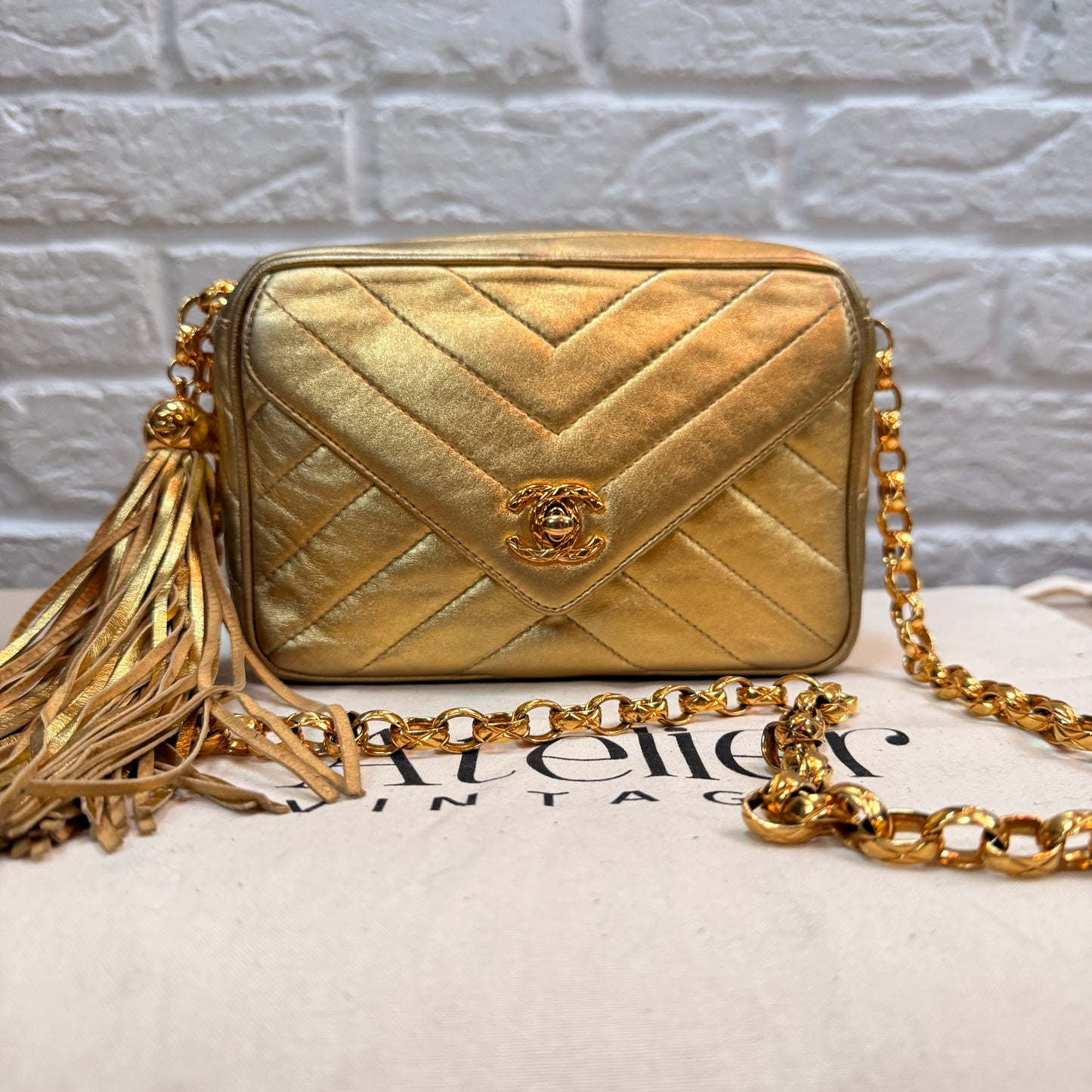 Chanel 1991 Ultra Rare Chevron Quilted Turnlock Camera Bag in Gold Lambskin Leather with 24k gold hardware