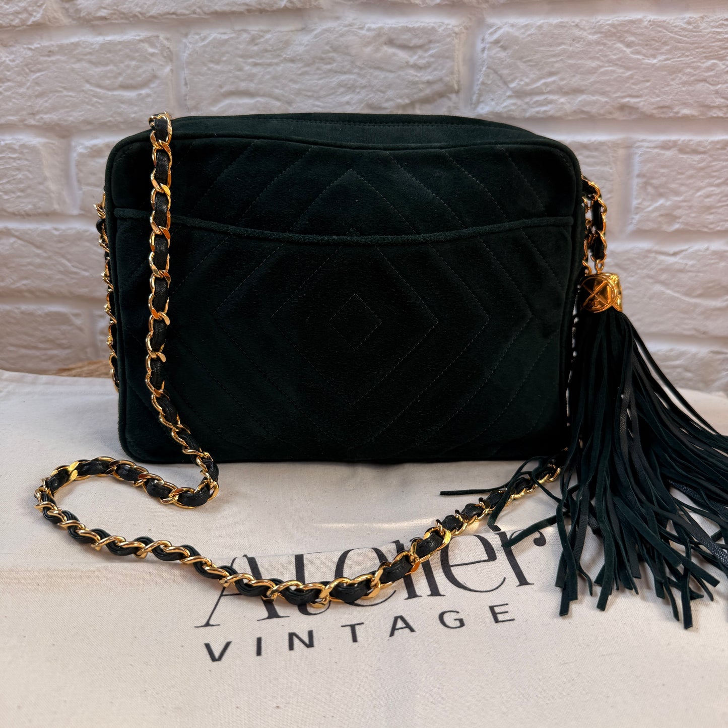 Chanel 1991 Green Suede Camera bag with 24k gold hardware