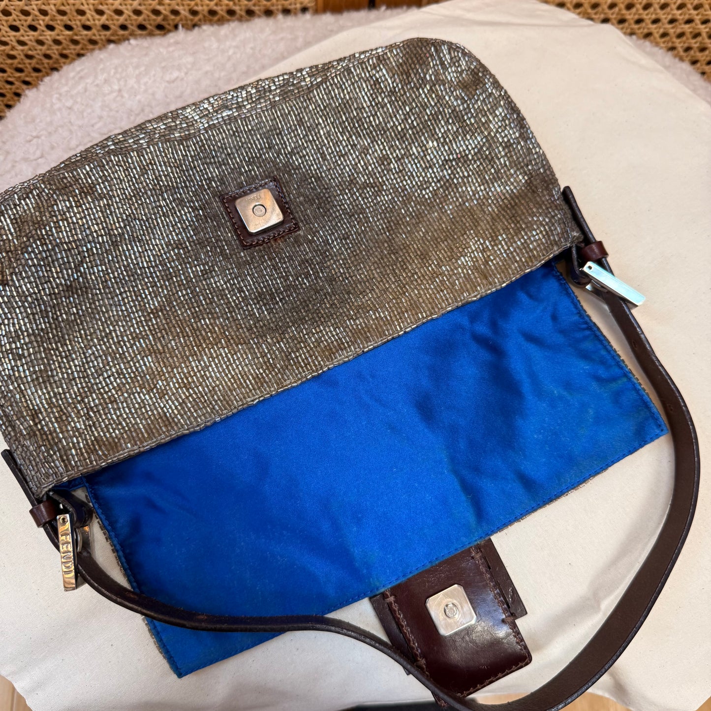 Fendi 2001 Rare Fendi Baguette Champagne - Limited Edition full glass beaded with chocolate leather