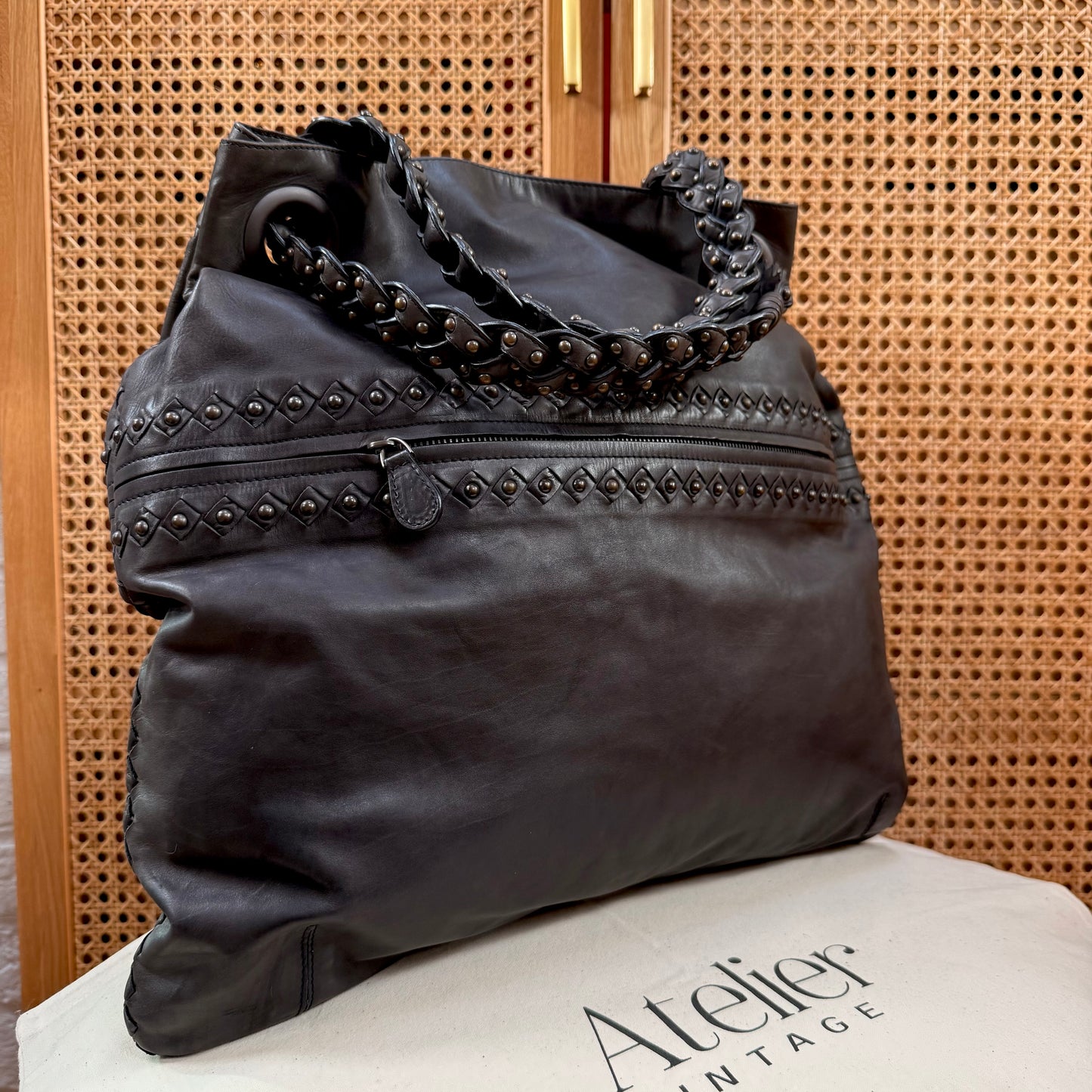 Bottega Veneta 1990s Black Leather Studded Two Way Tote