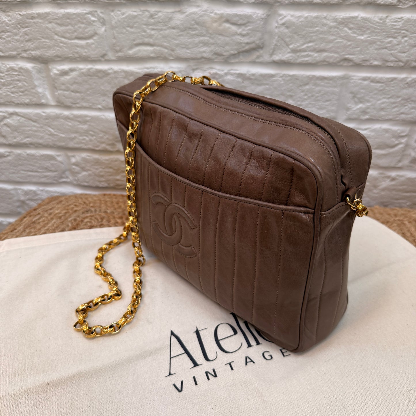 Chanel Rare 1980s Mademoiselle Camera Bag with Bijoux chain in Taupe