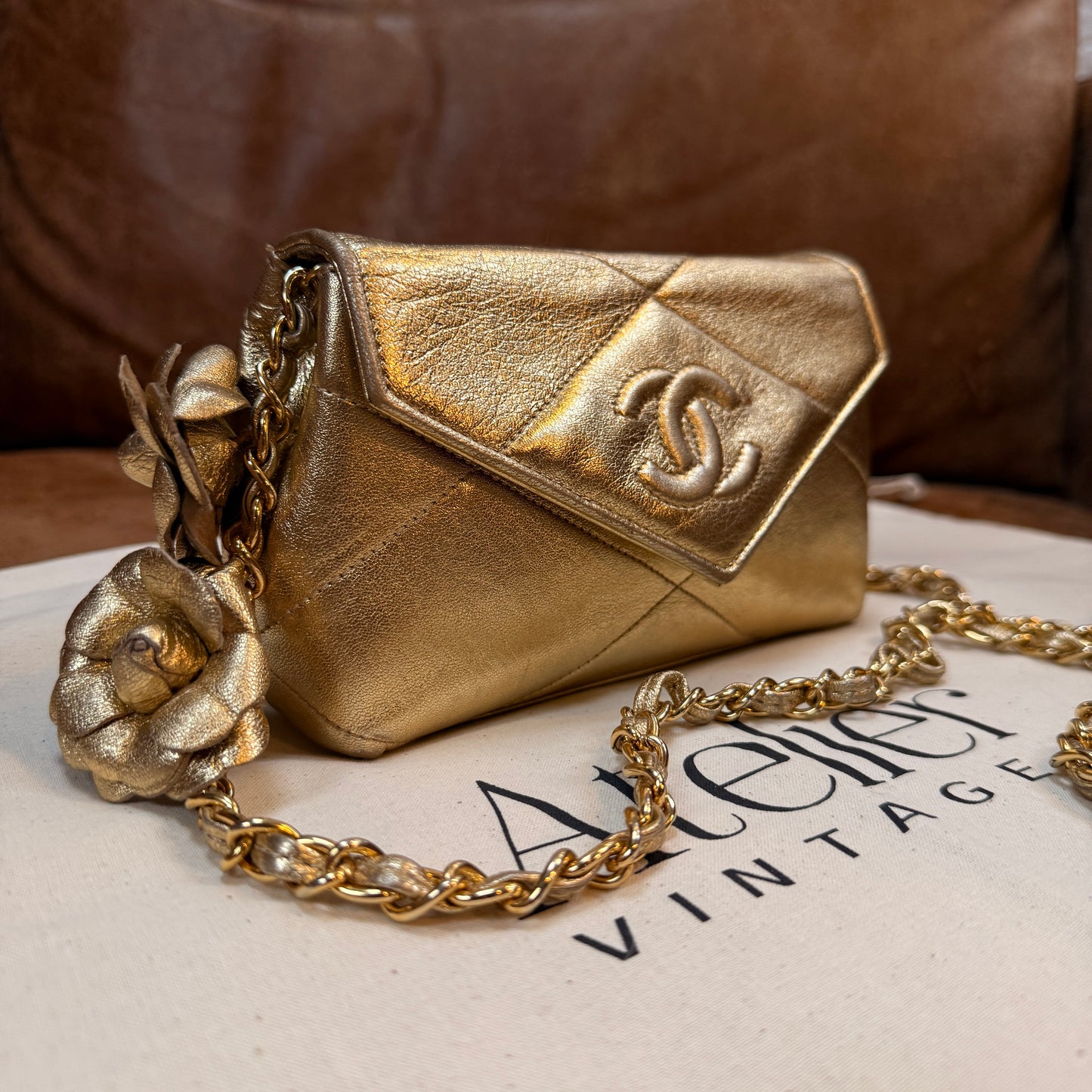 Chanel 1986 Ultra Rare Gold Lambskin Camellia Charm Envelope Flap
