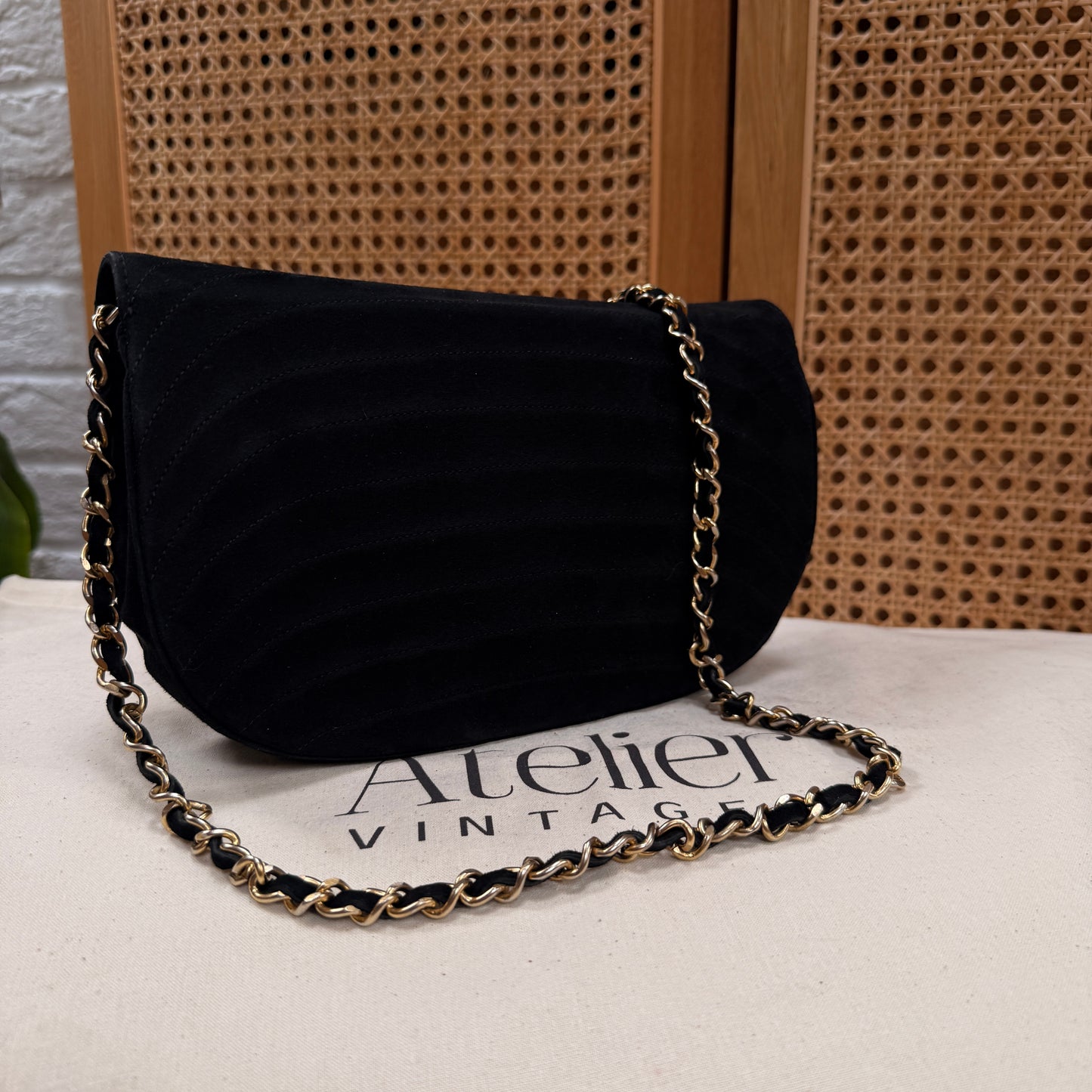 Chanel Rare early 1980s half moon quilted single flap in black suede