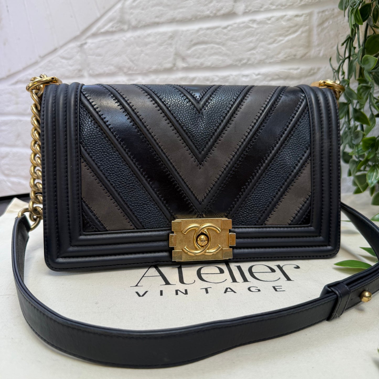 Chanel 2016 Rare Navy Le Boy Caviar & Calf Skin Chevron Old Medium