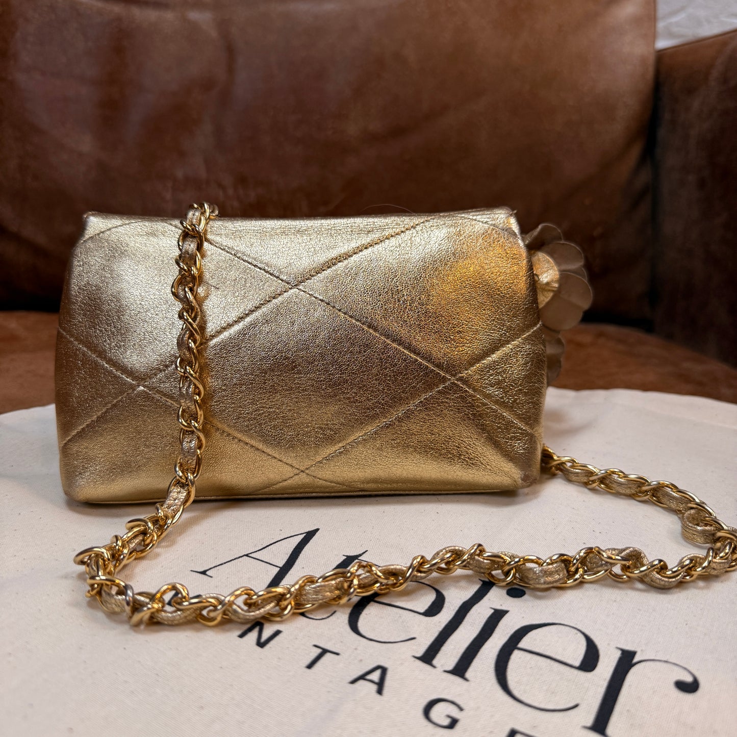 Chanel 1986 Ultra Rare Gold Lambskin Camellia Charm Envelope Flap