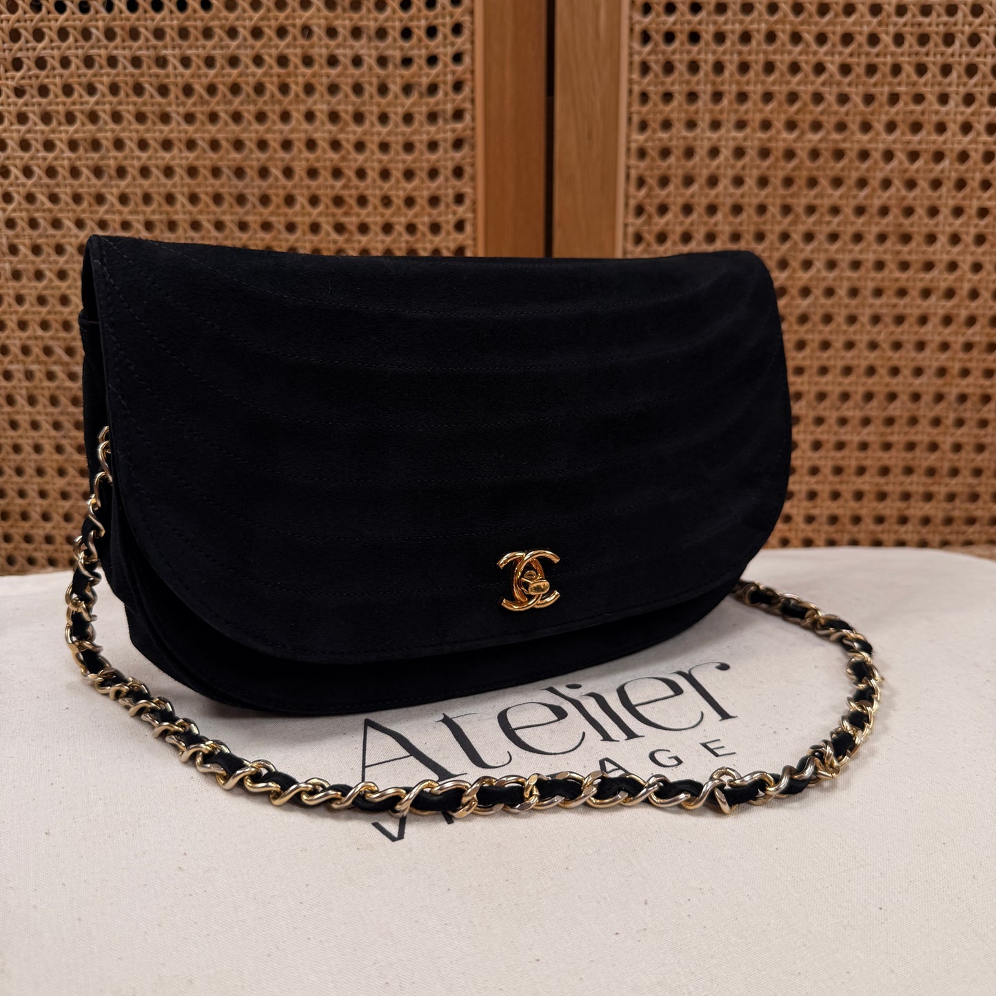 Chanel Rare early 1980s half moon quilted single flap in black suede