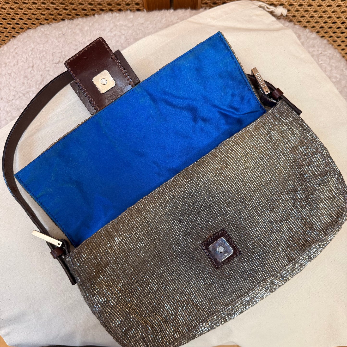 Fendi 2001 Rare Fendi Baguette Champagne - Limited Edition full glass beaded with chocolate leather
