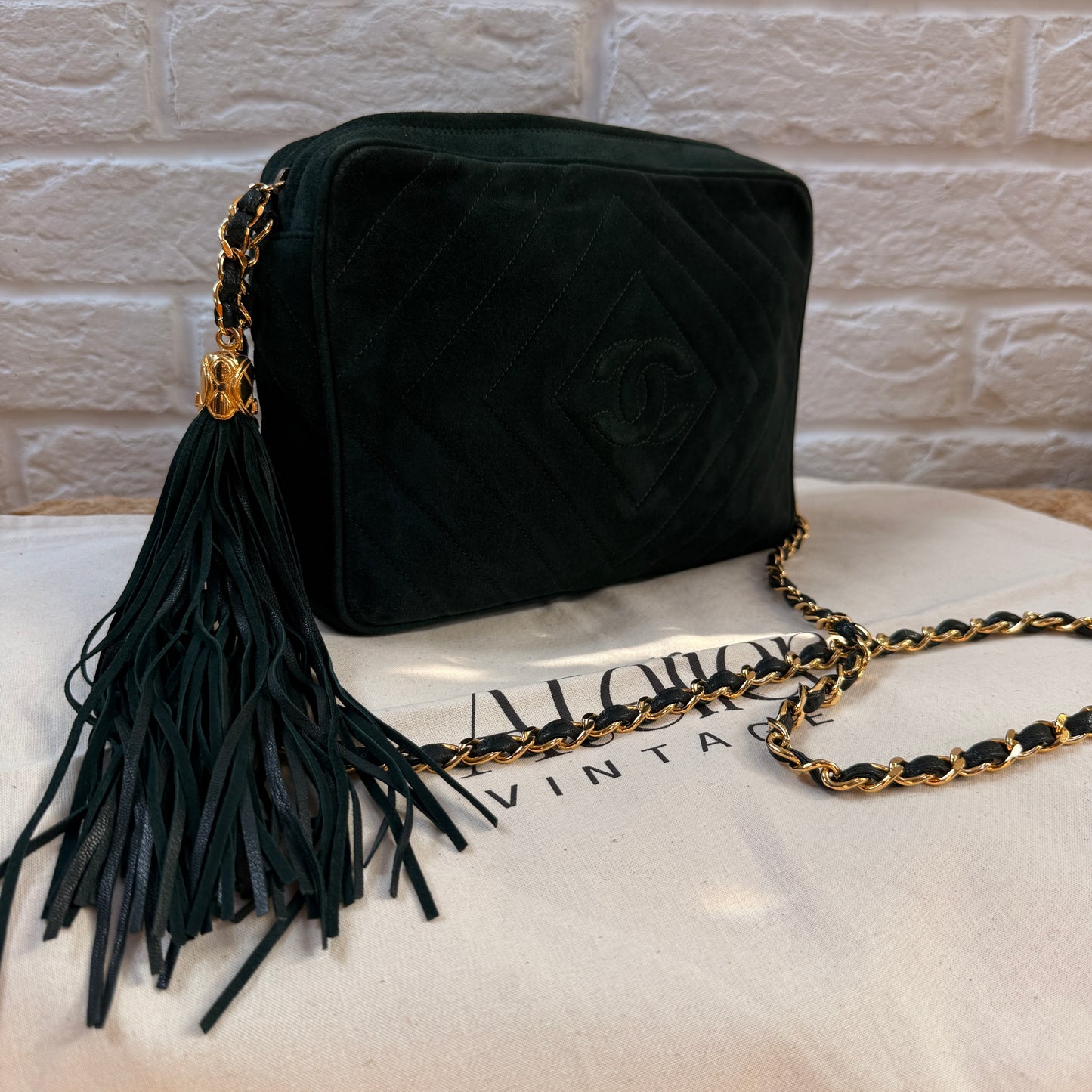 Chanel 1991 Green Suede Camera bag with 24k gold hardware