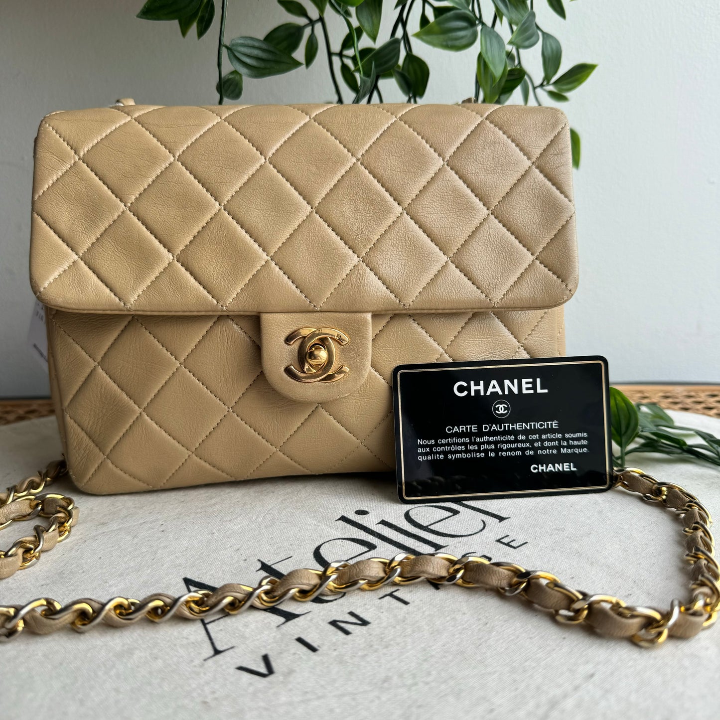 Chanel 1989 Beige Square Classic Single Flap Medium