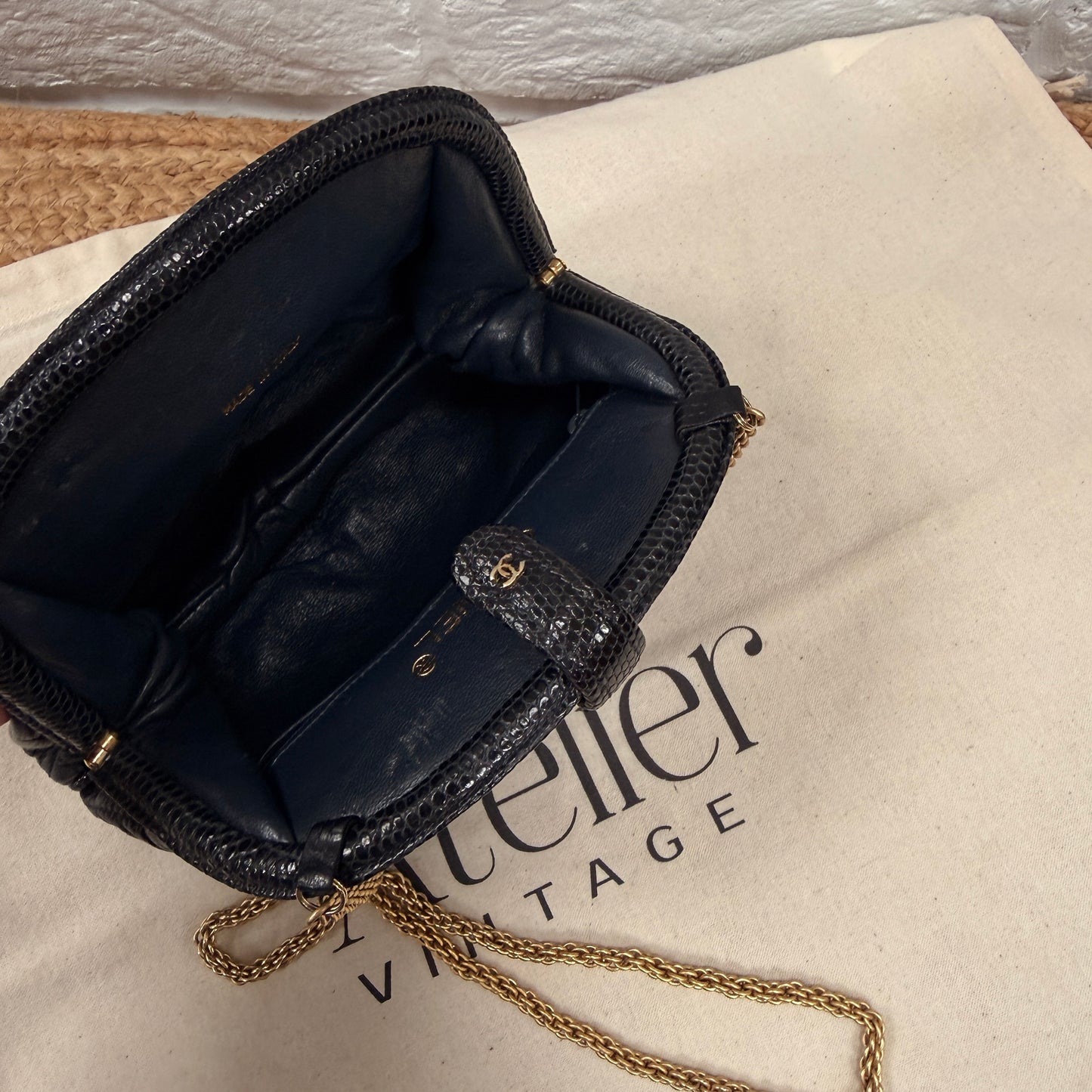 Chanel ULTRA RARE Early 1980s Navy Lambskin & Lizard Skin Kiss lock Frame Bag