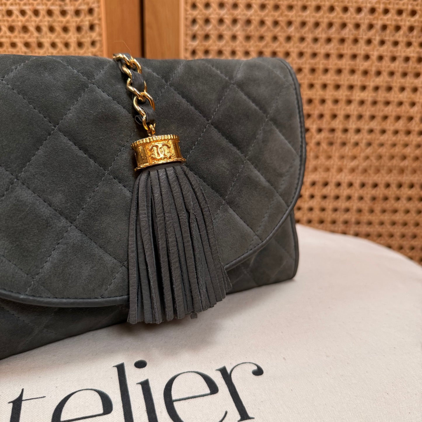 Chanel 1986 Grey Suede Tassel Clutch