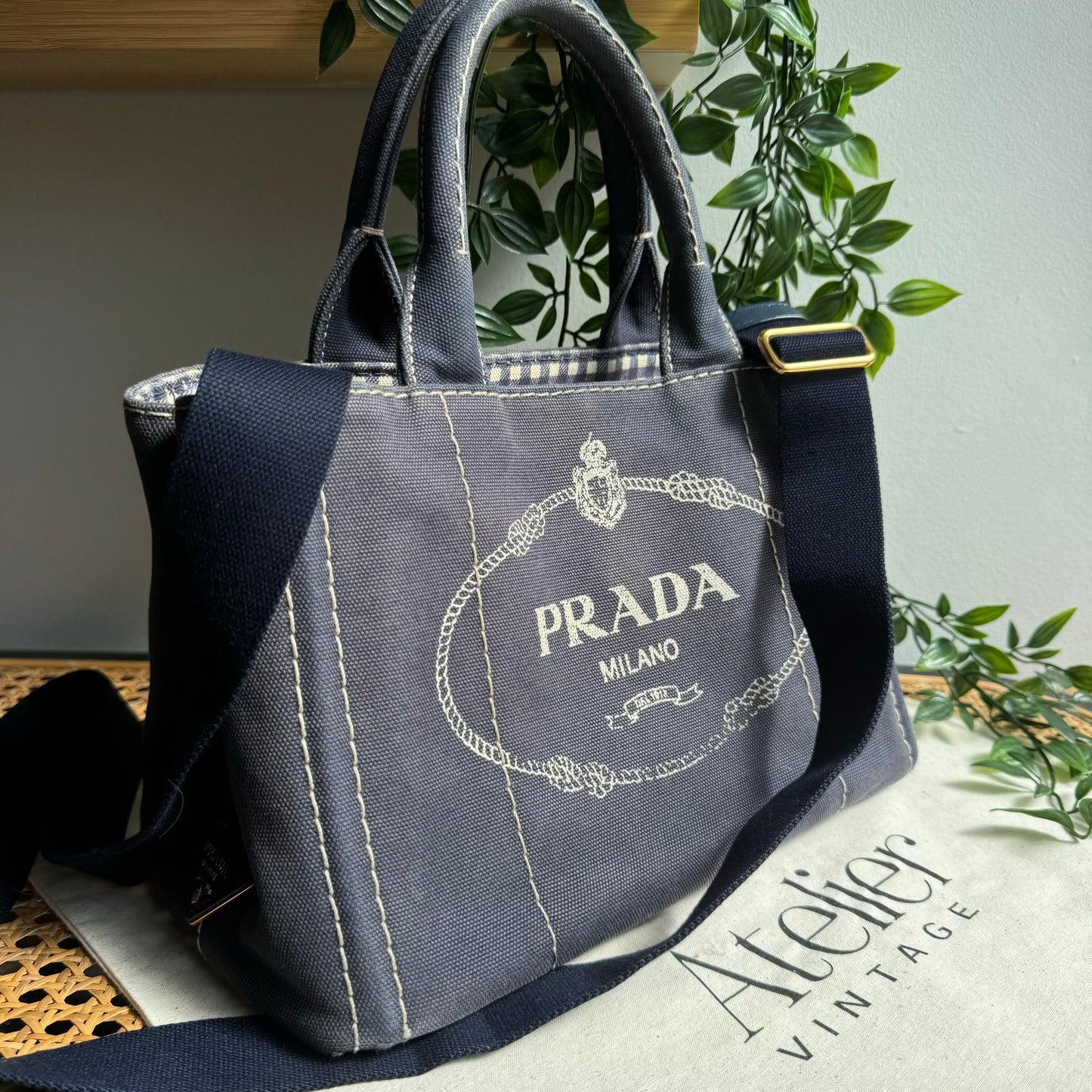 Prada Canapa Denim Blue Canvas Two Way Tote