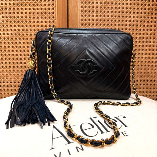 Chanel 1989 Dark Navy CC Quilted Tassel Camera Bag
