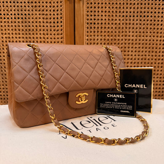 Chanel 1989 Rare Tan Lambskin Leather Classic Double Flap in Medium with 24k Gold Hardware