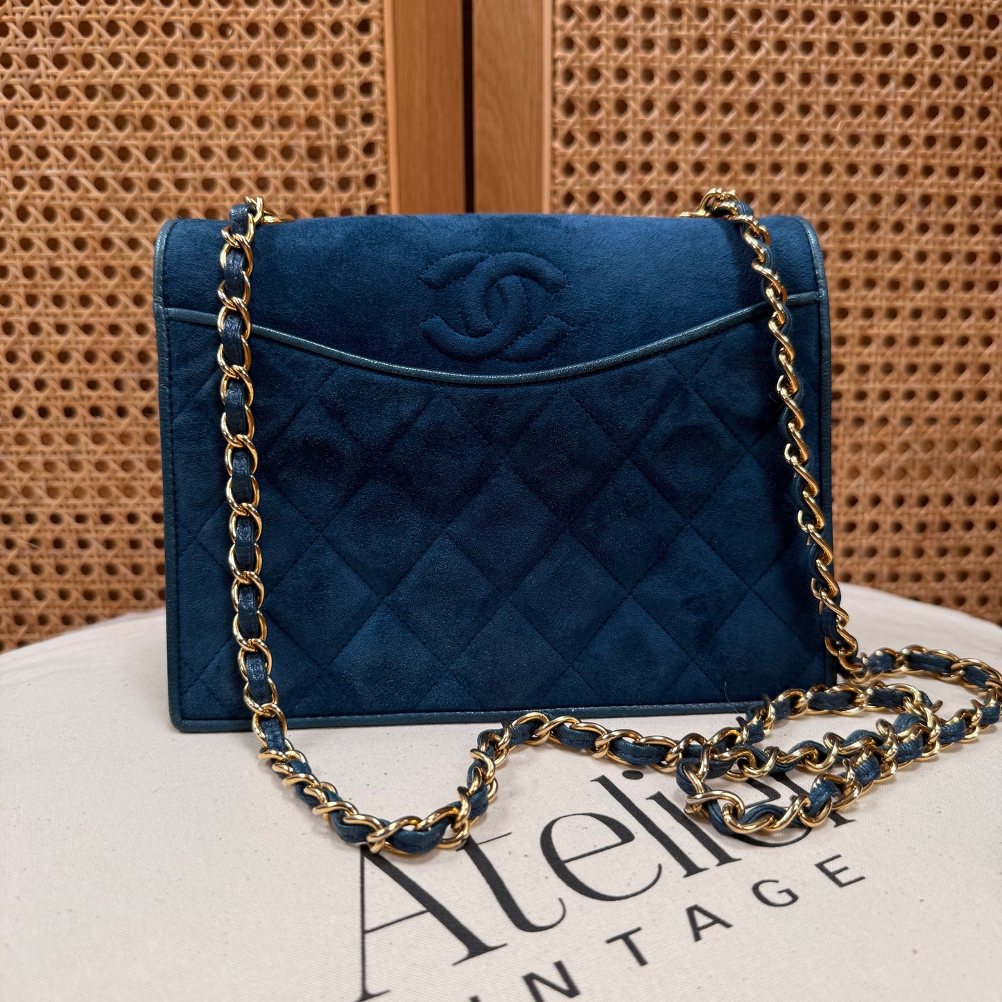Chanel Rare 1989 Teal Suede CC Quilted Full Flap