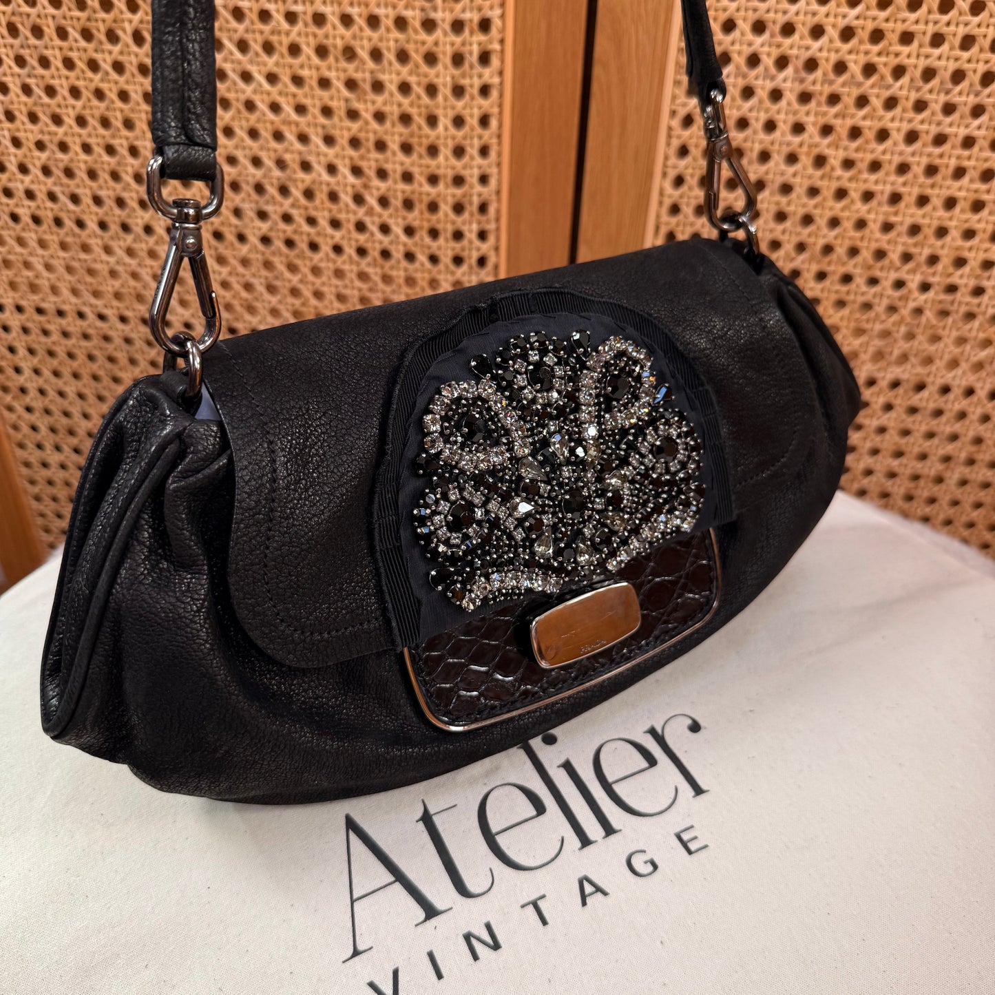 Prada 2002 Black & Embellished Jewel Two Way Shoulder Bag