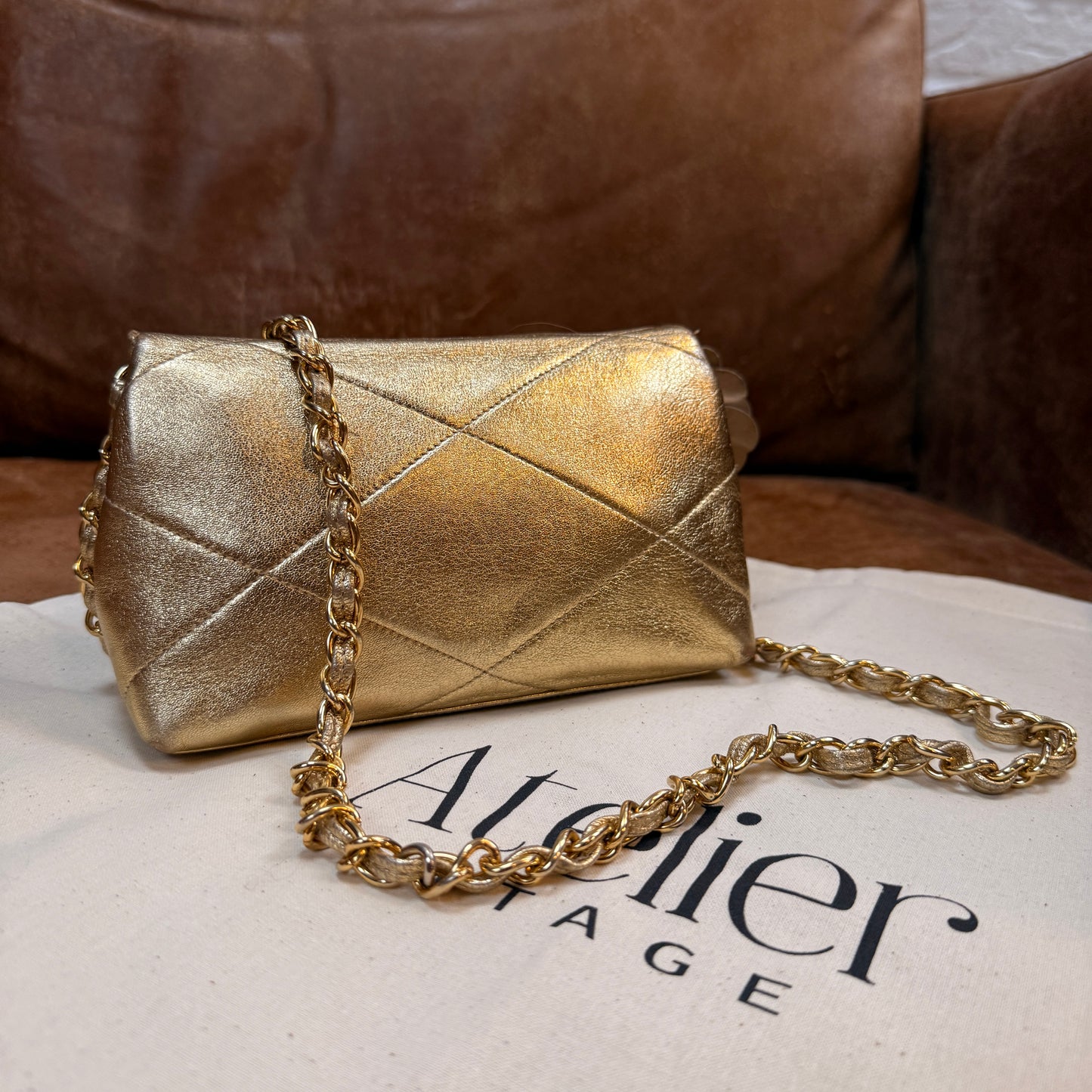 Chanel 1986 Ultra Rare Gold Lambskin Camellia Charm Envelope Flap