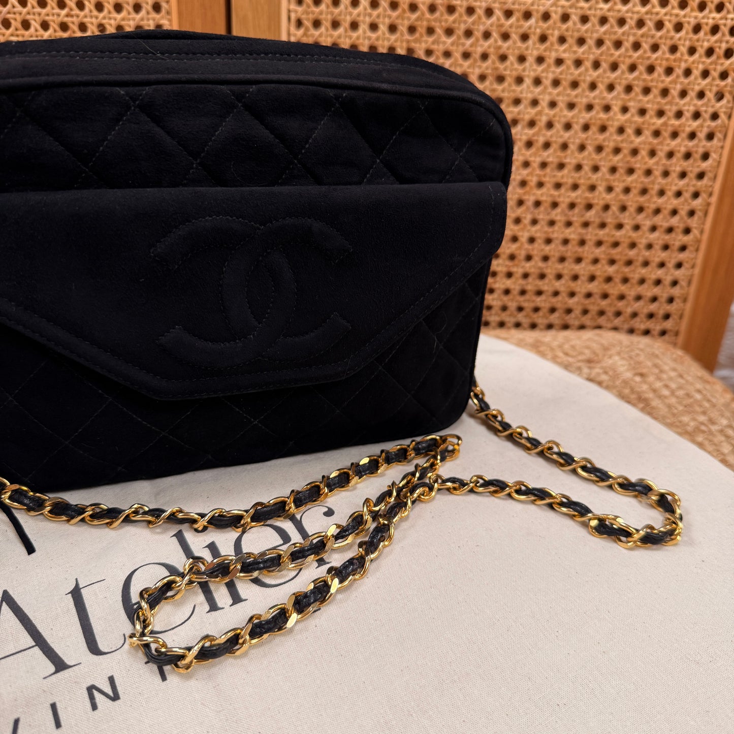 Chanel 1989 Rare Black Suede Front Flap Camera Bag