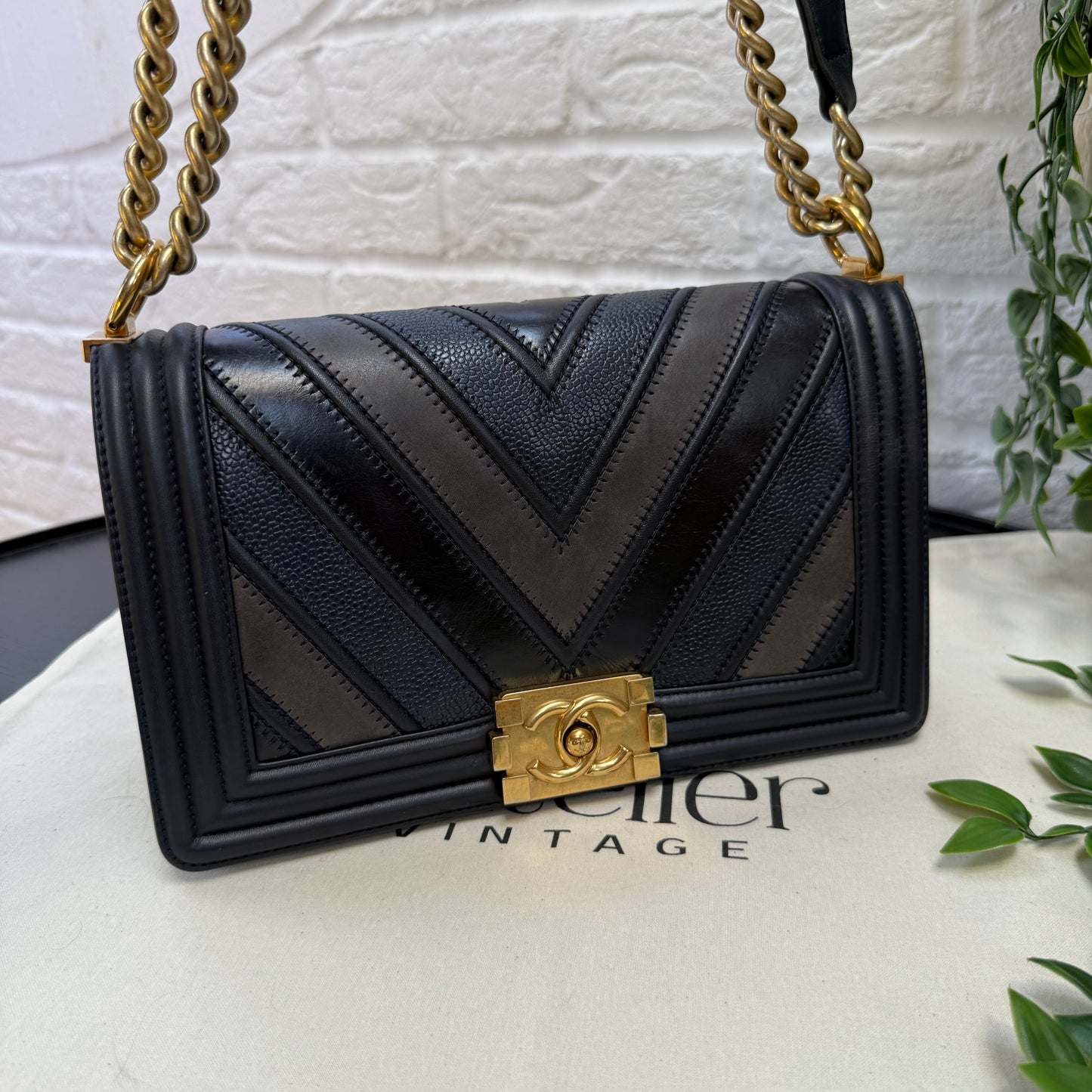 Chanel 2016 Rare Navy Le Boy Caviar & Calf Skin Chevron Old Medium