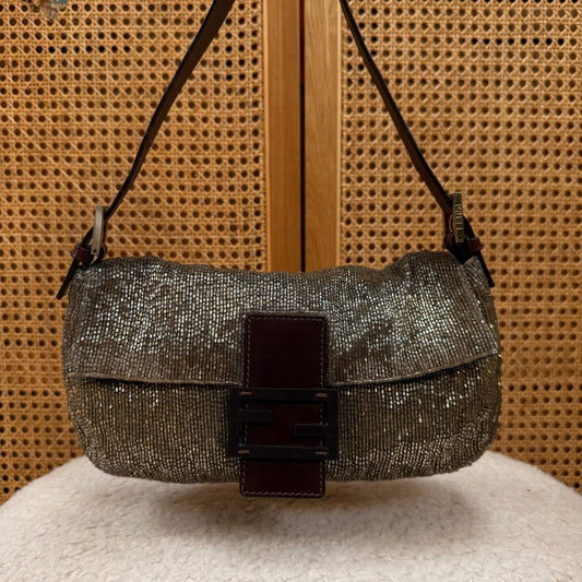 Fendi 2001 Rare Fendi Baguette Champagne - Limited Edition full glass beaded with chocolate leather