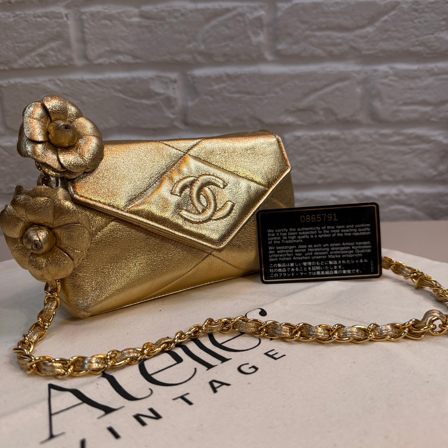 Chanel 1986 Ultra Rare Gold Lambskin Camellia Charm Envelope Flap