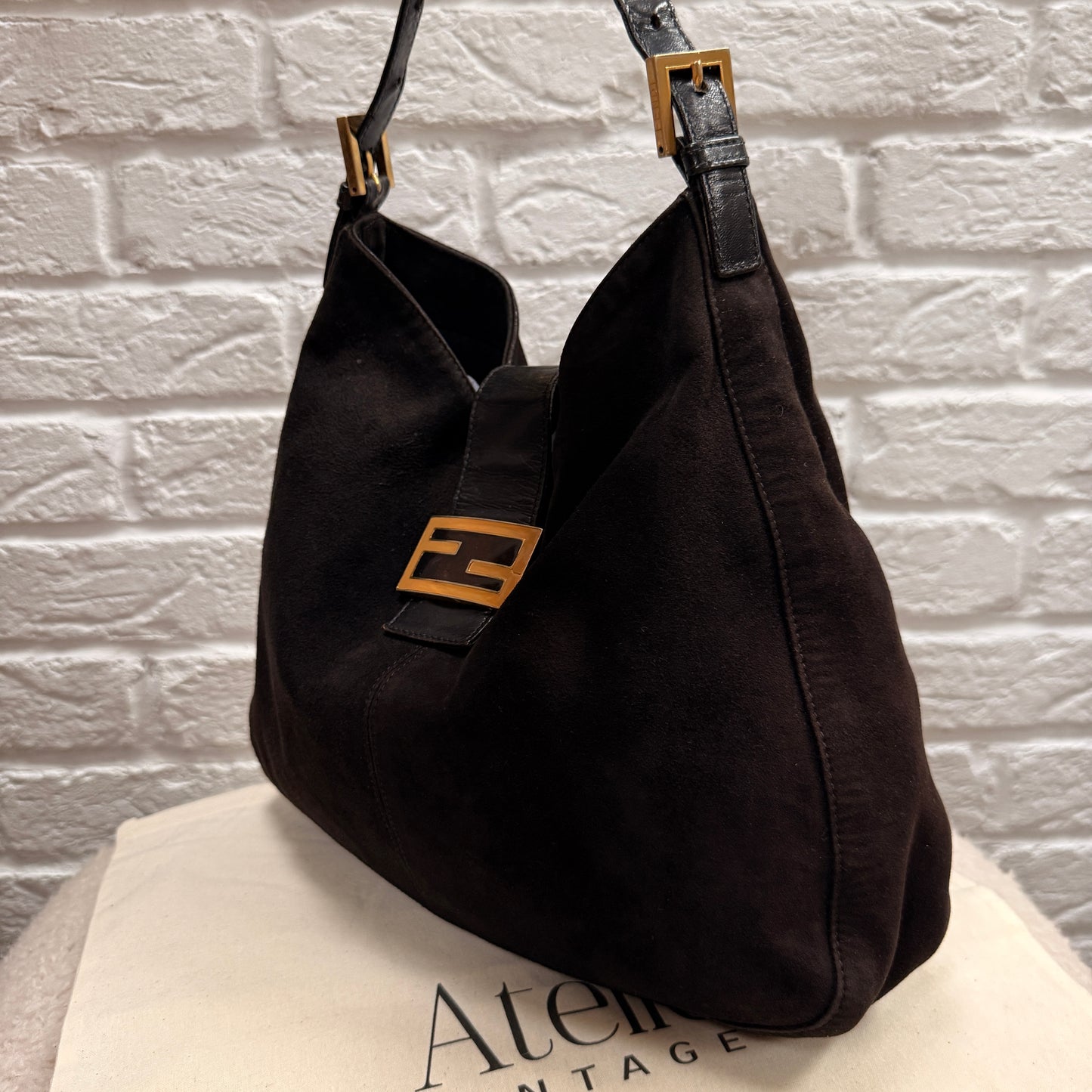 Fendi Rare Fendi Baguette Cross Body Tote in black suede with limited edition enamel closure