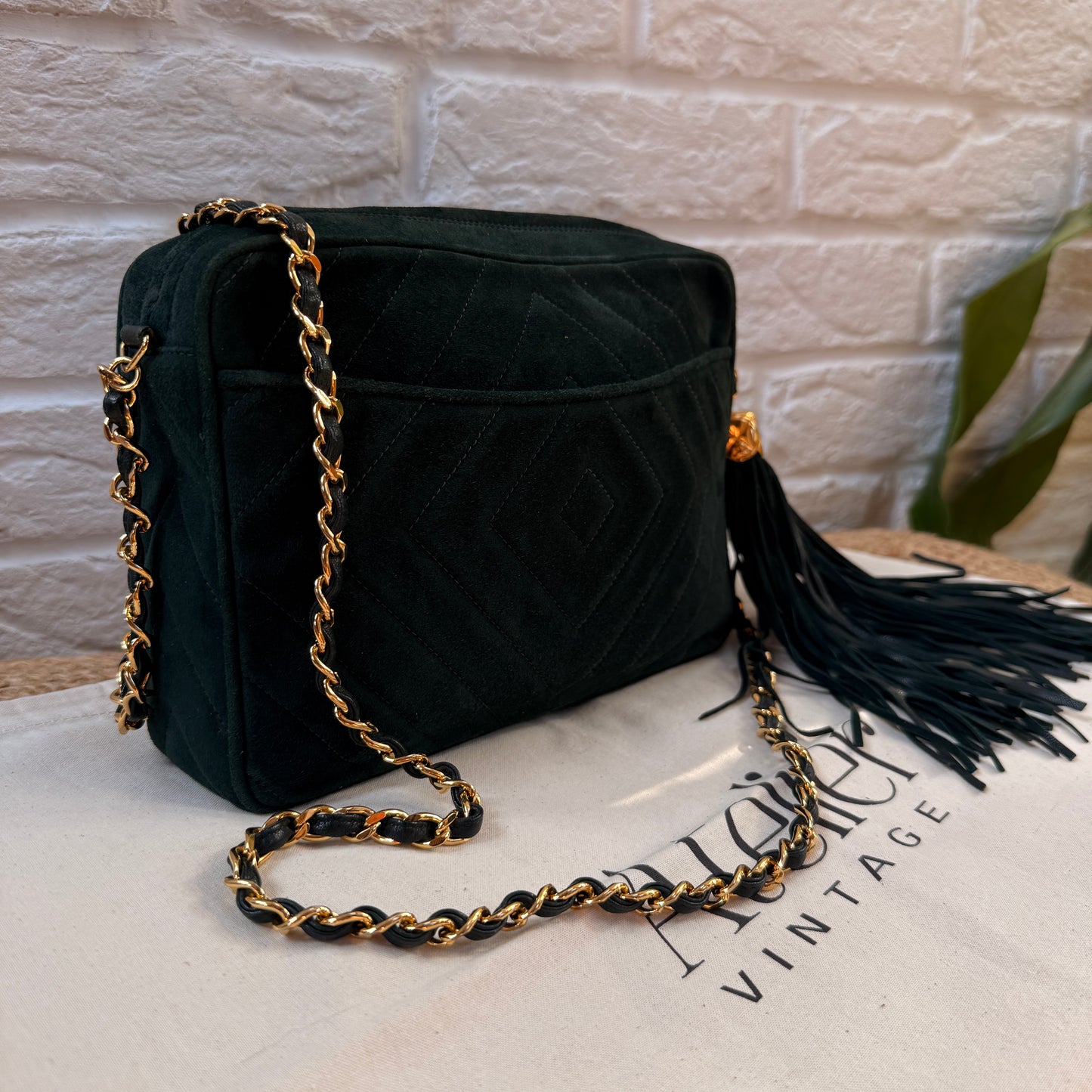 Chanel 1991 Green Suede Camera bag with 24k gold hardware