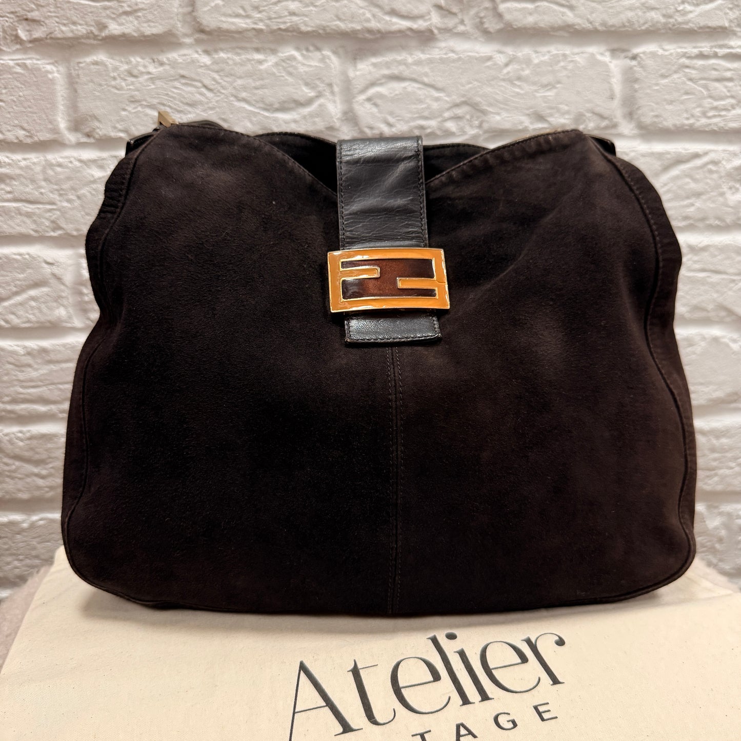 Fendi Rare Fendi Baguette Cross Body Tote in black suede with limited edition enamel closure