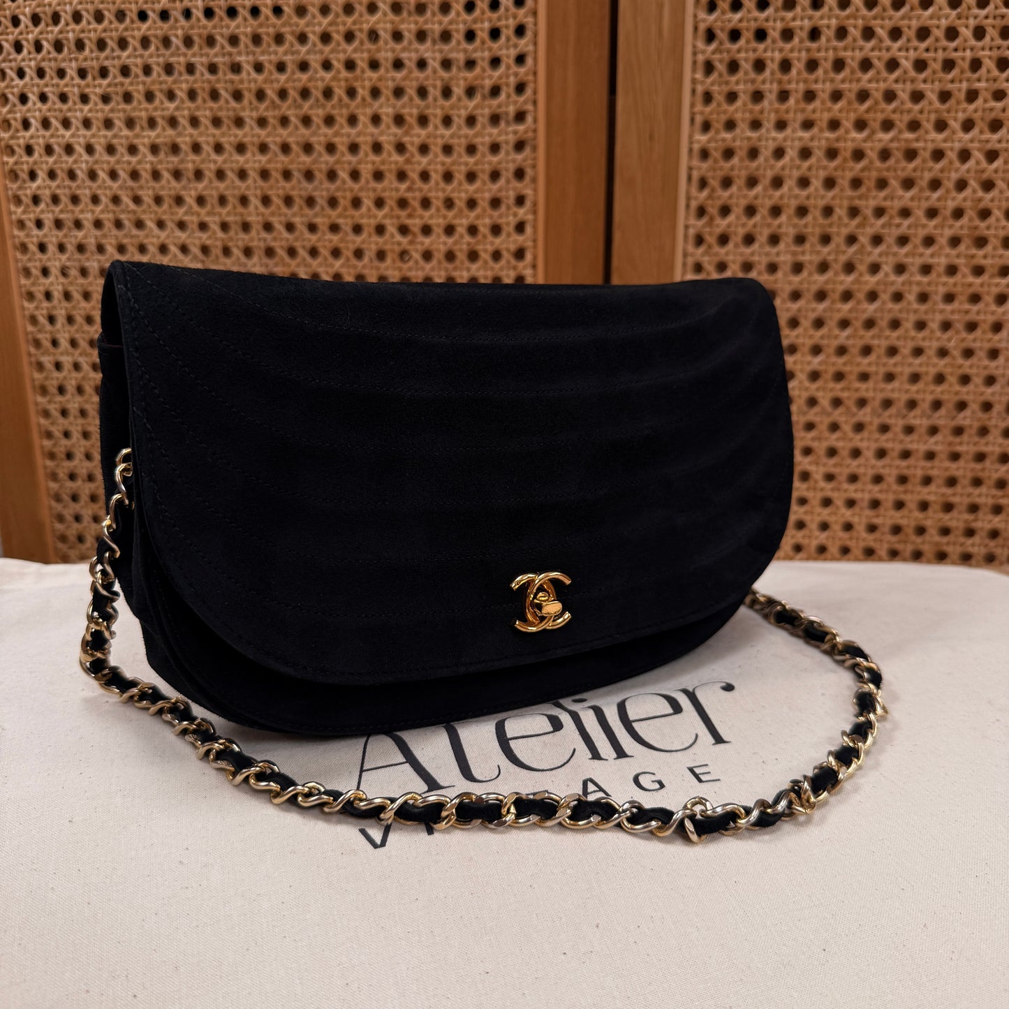 Chanel Rare early 1980s half moon quilted single flap in black suede